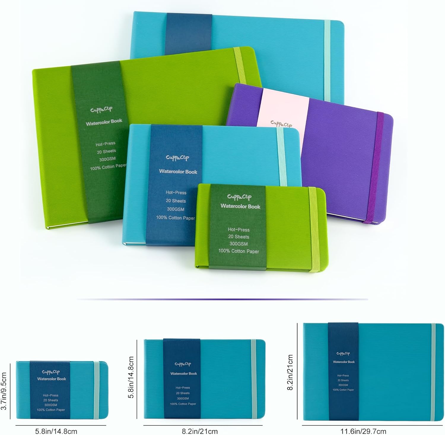 CuppaClip Watercolor Paper Cotton Hot-Pressed with Inner Pocket Watercolor Sketchbook Journal As Travel Notebook 300 GSM 140 LB (Blue, 8.26x5.82in)