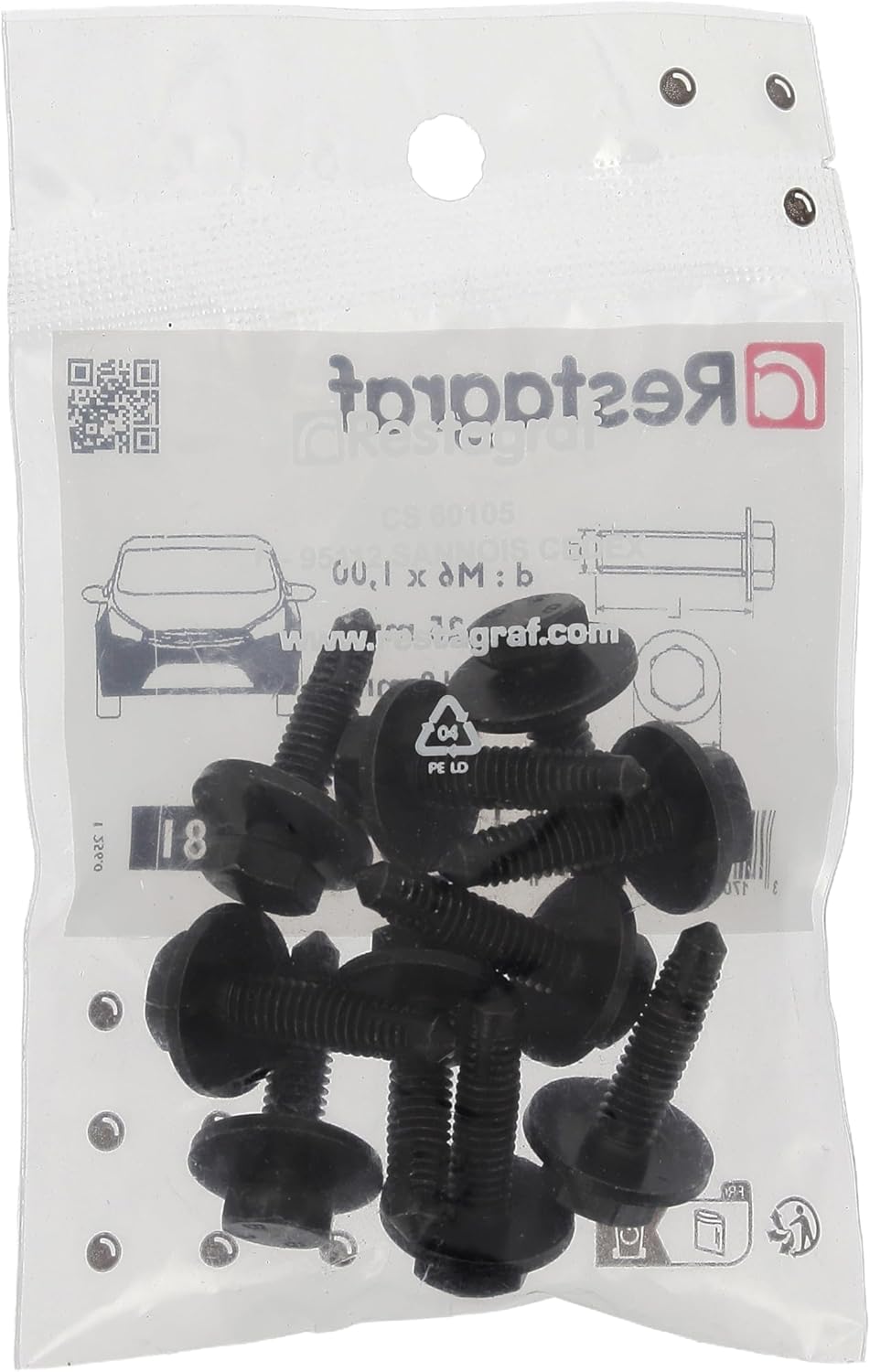 Restagraf - Special Hex Body Screws - XC60 Steel - Diameter M6-1 x 25mm - Ref 11581 - Compatible with Alfa Romeo, Citroen, DS, Fiat, Nissan, Opel, Peugeot, Toyota - Pack of 10