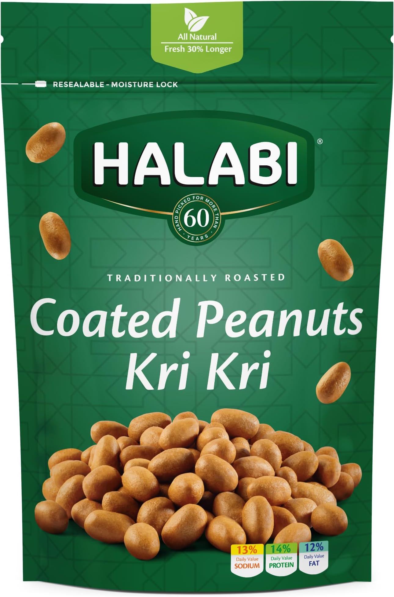 Halabi - Traditionally Baked Kri Kri Peanuts , All Natural Ingredients Healthy Snacks Longer Freshness Resealable Bag - 300G
