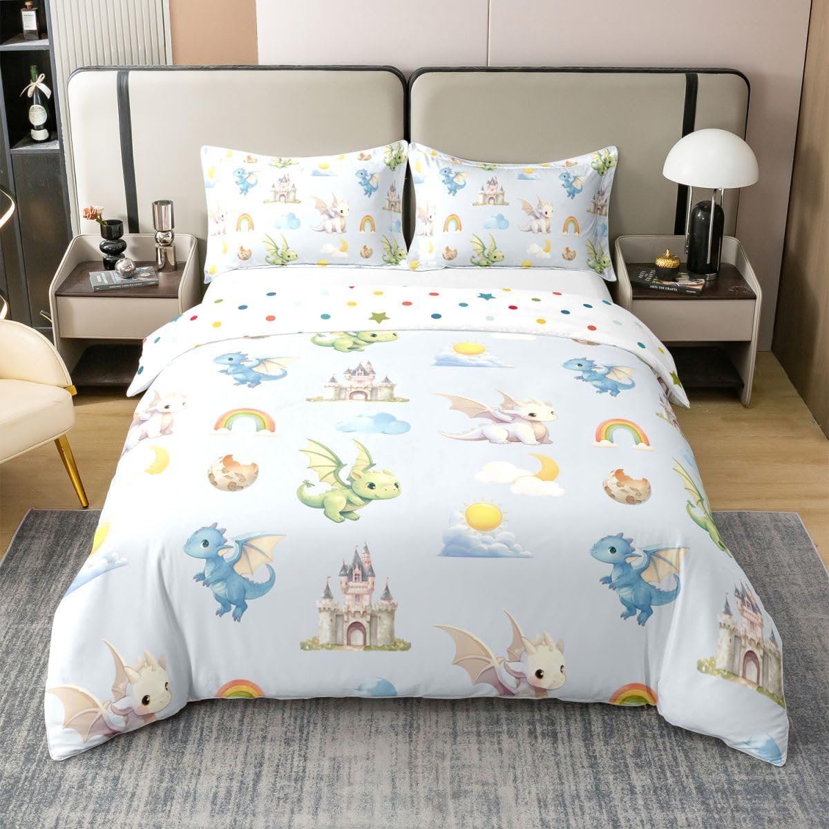 Erosebridal Cute Dragon Kids Bedding Set Queen Baby Dragon 100% Cotton Duvet Cover Kawai Cloudy Rainbow Castle Comforter Cover for Kids Boys Girls Adults Jungle Animals Print Bed Set 3 Pcs