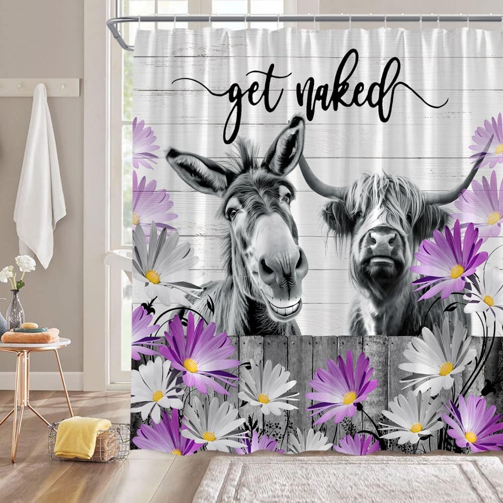 GCTNBJL Farmhouse Highland Cow Pig Shower Curtain Blue Teal Rustic Floral Funny Farm Animal Longhorn Pig Vintage Western Country Bathroom Decor Fabric Curtain with Hooks