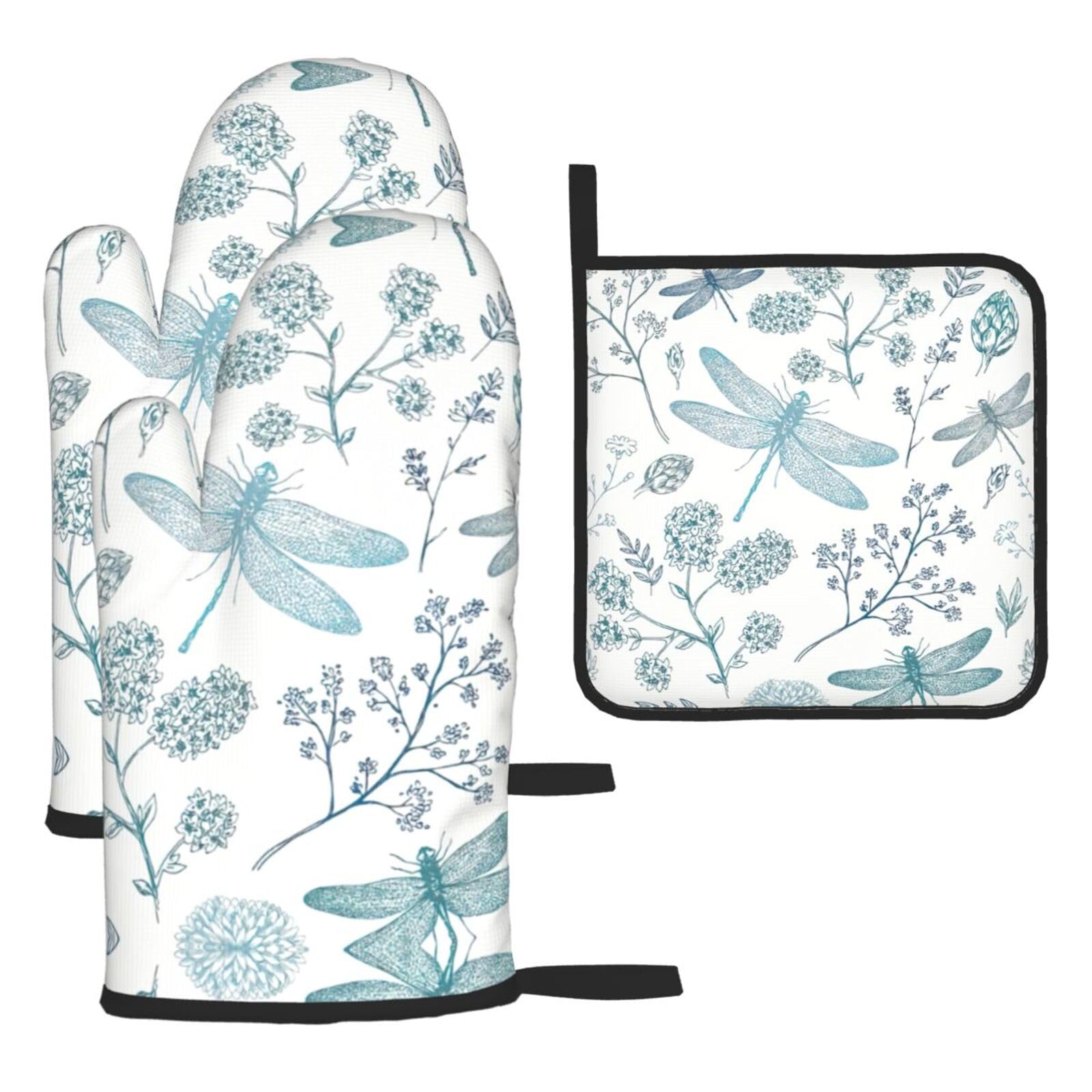 Oven Dragonfly Print Mitts And Pot Holders 3pcs Set,Heat Resistant Waterproof Cooking Gloves For Bbq,Baking,Cooking