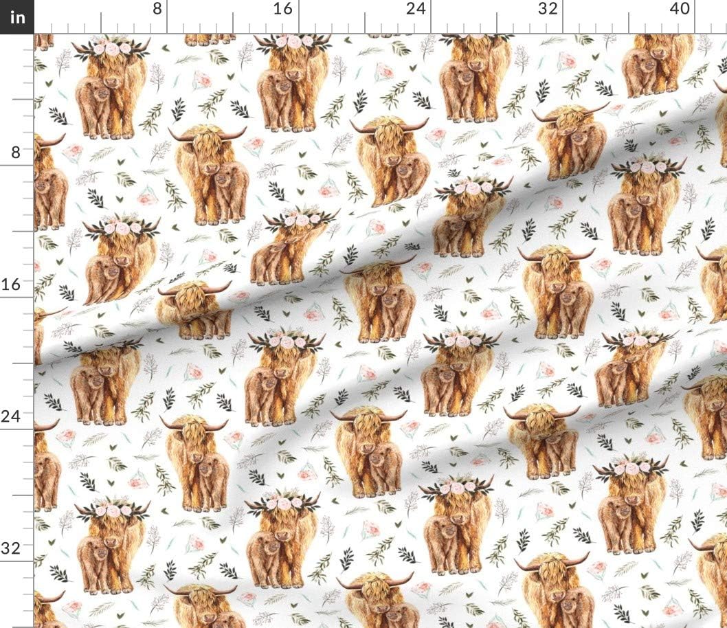 Spoonflower Fabric - Highland Cow Scottish Shaggy Floral Baby Calf Spring Cattle Printed on Petal Signature Cotton Fabric by The Yard - Sewing Quilting Apparel Crafts Decor