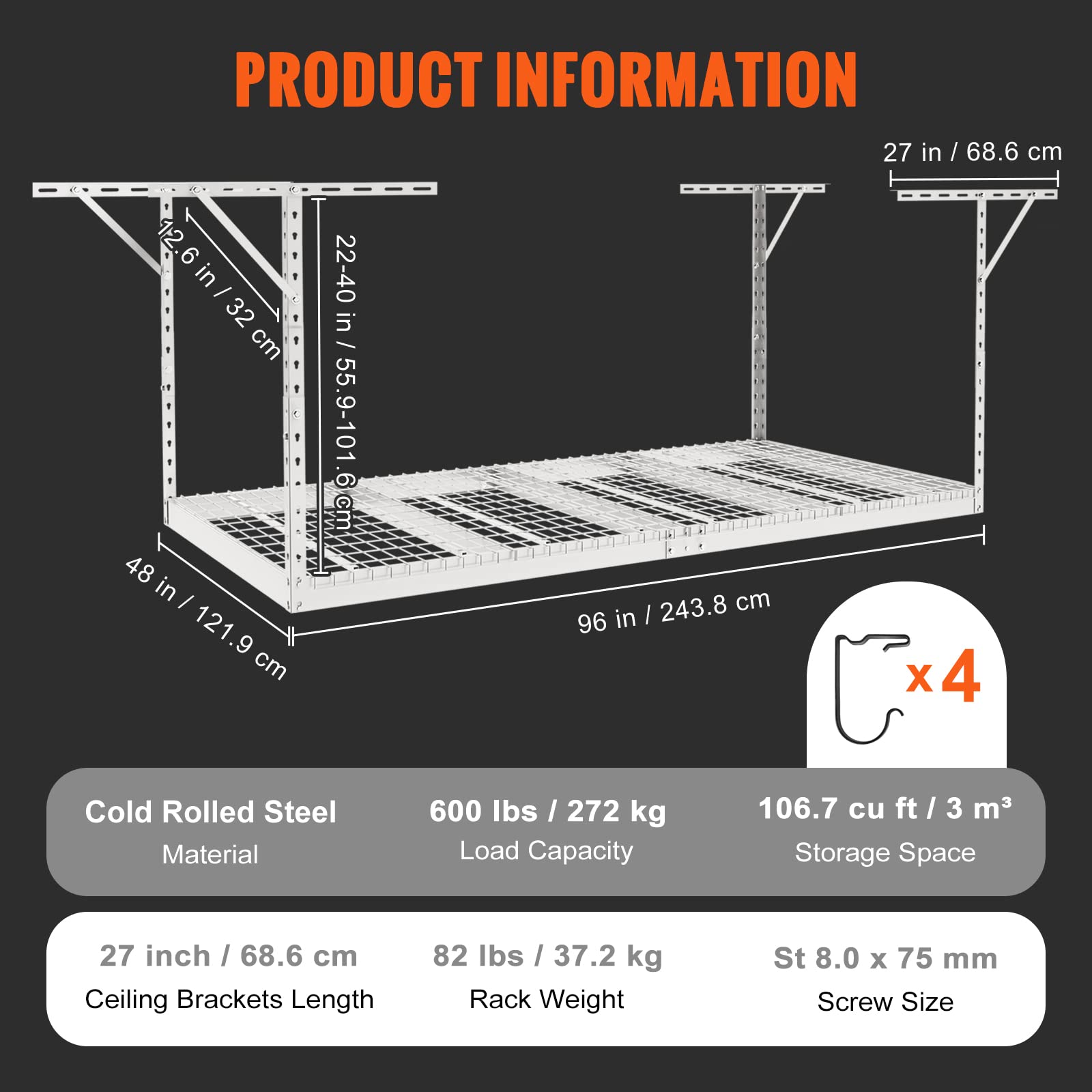 VEVOR Étagère de rangement pour garage, 121,9x243,8 cm, étagère de rangement au plafond, réglable en acier laminé à froid pour rangement du garage, l'organisation, charge 272 kg, 55,9-101,6 cm, blanc