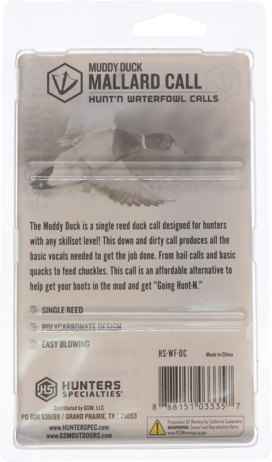 Hunters Specialties Hunting Muddy Duck Single Reed Mallard Call - Easy Blowing Polycarbonate Design Waterfowl Game Call