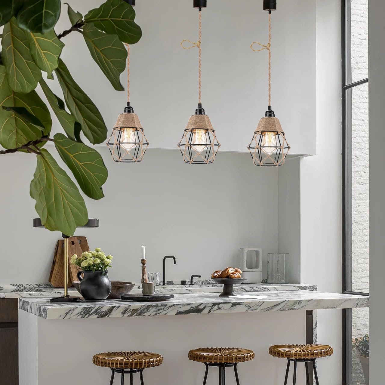 2x Boho Batterie Hängelampe Vintage Deckenlampe Rattan Lampenschirm