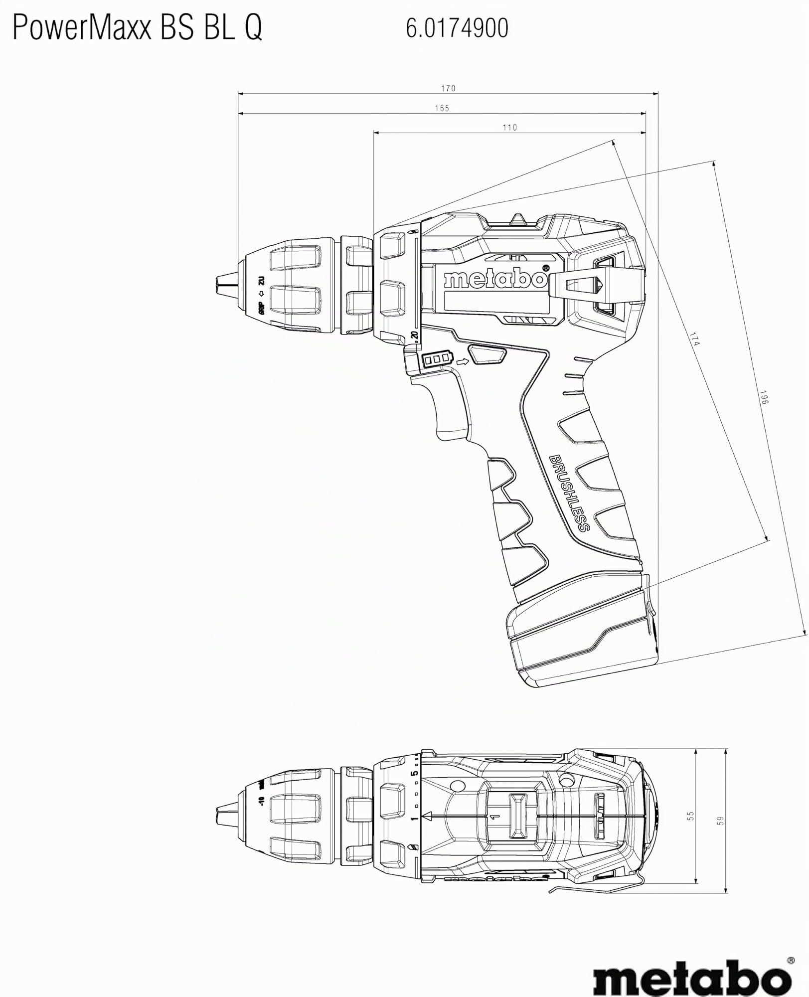 metabo Taladro atornillador inalámbrico PowerMaxx BS 12 BL Q – 12 V, sin escobillas, portabrocas de liberación rápida, compacto y potente para bricolaje y profesionales – Incluye soporte de puntas, 2
