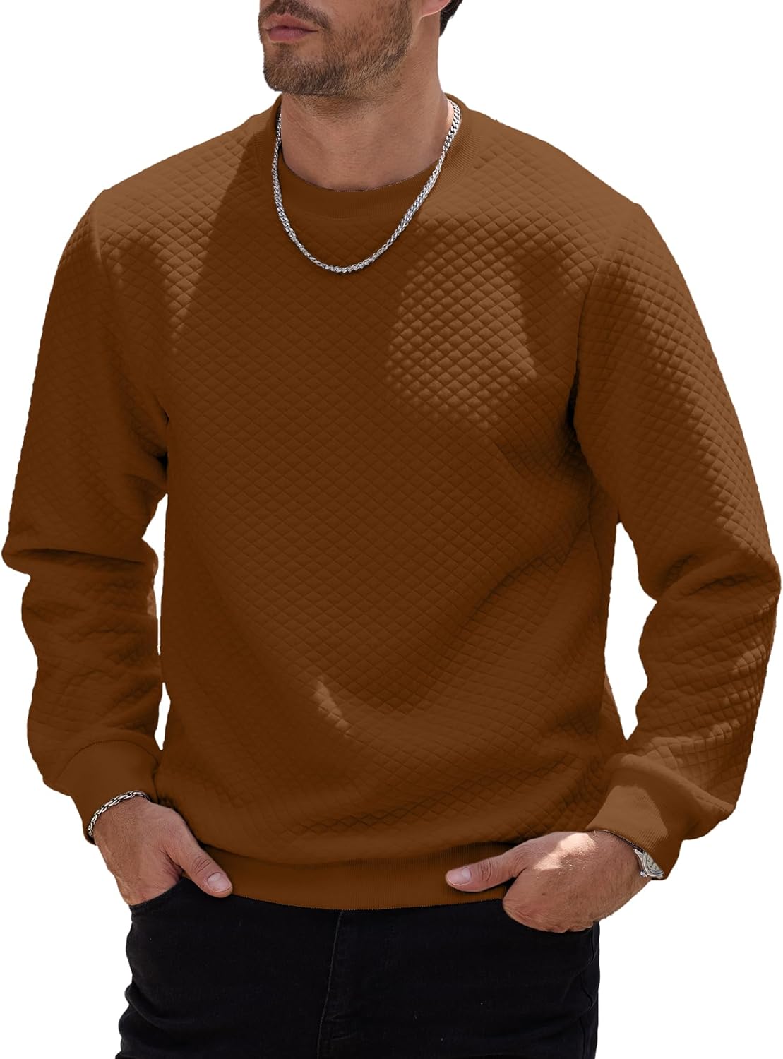 HOTake Mens Crewneck Sweatshirts Waffle Panttern Texture Outdoor Leisure Pullover Sweatshirts - Image 3
