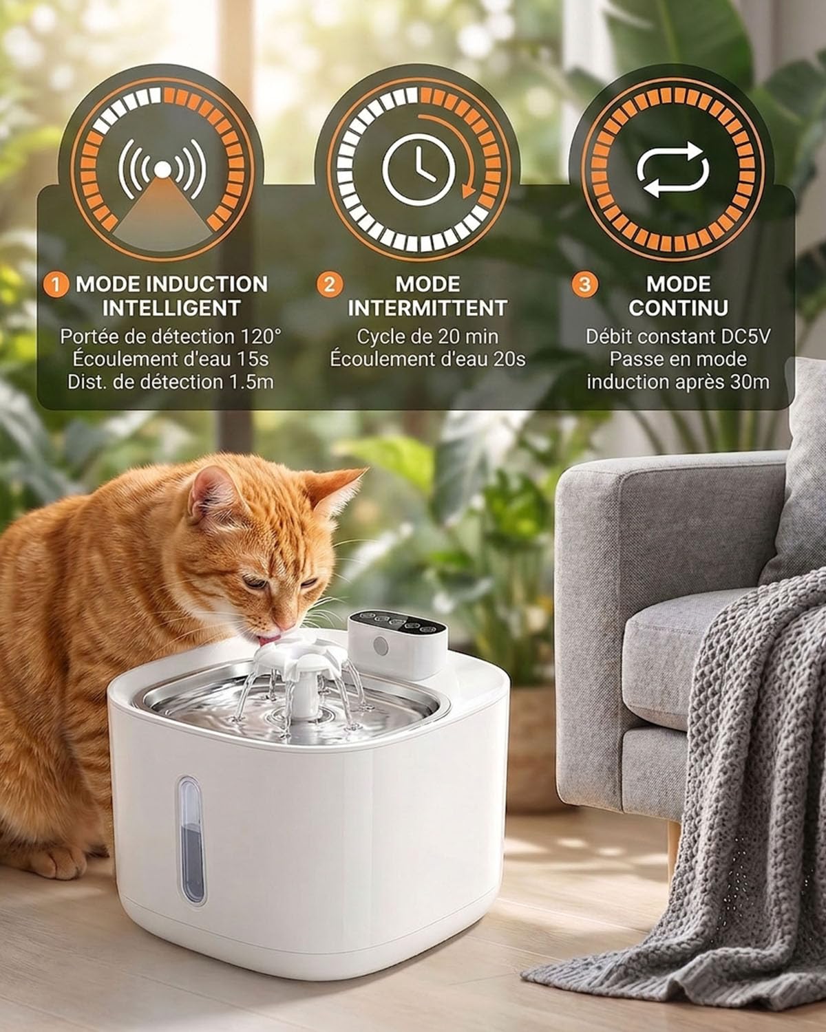3,2L Fontaine à Eau pour Chat sans Fil Rechargeable 4000mAh, 3 Modes Intelligents, Détecteur de Mouvement, Filtration Avancée, Silencieux Fontaine à Eau Automatique, Filtre 5 Étapes, sans BPA