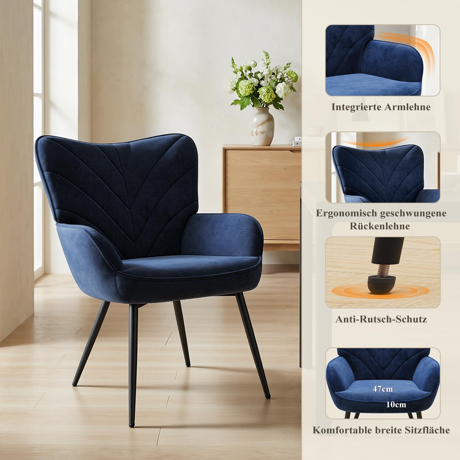COLAMY Wohnzimmer Sessel 2er Set, Samtbezogener Relaxsessel mit hoher Rückenlehne, Gepolsterter Komfortsessel mit Wingback-Design, Lounge Chair mit Holzbeinen für Wohnzimmer, Leseecke, Blau