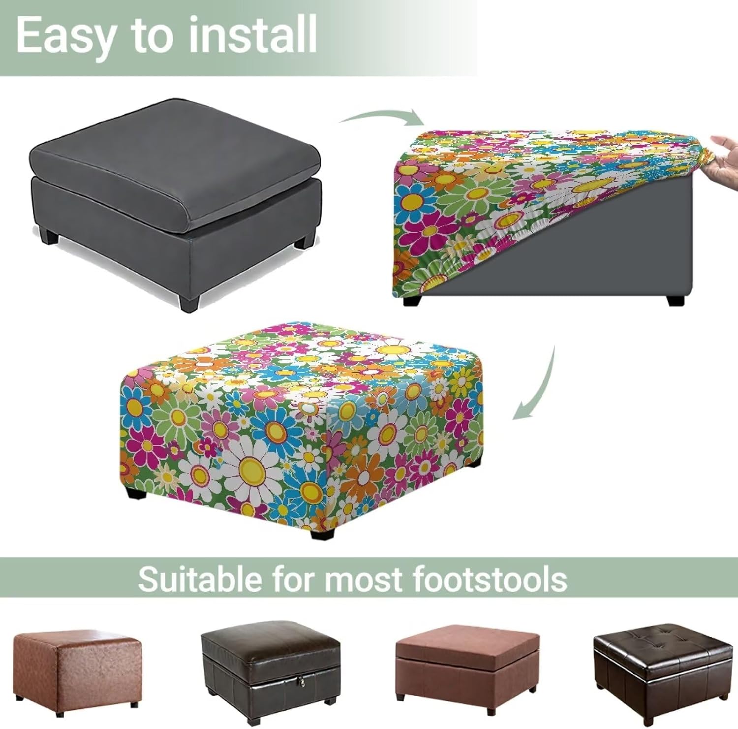 Colorful Daisy Flowers Ottoman Slipcover for Home Decorative 17" L x 17" W x 17" H Square Stool Cover Stretchy Footstool Protector Cover for Living Room Bedroom Office