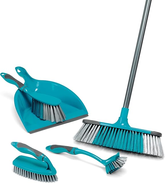 Beldray LA024152TQ Cleaning Bundle with Broom, Dustpan and Brush Set, Scrubbing Brush & Dish Brush, Long Handled Indoor Floor Sweeping, Washing Up Brushes, Bathroom/Tile/Grout Cleaner, Soft Grip, Blue