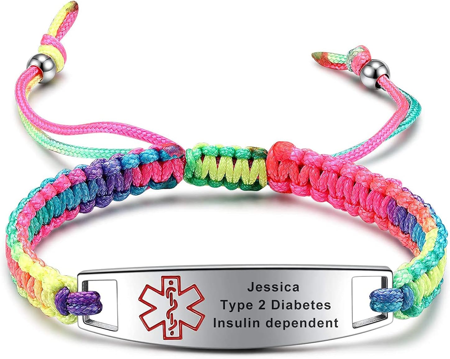JF.JEWELRY Pulsera de identificación de alerta médica para mujeres y niñas, multicolor arco iris trenzado alergia pulseras de alerta médica para