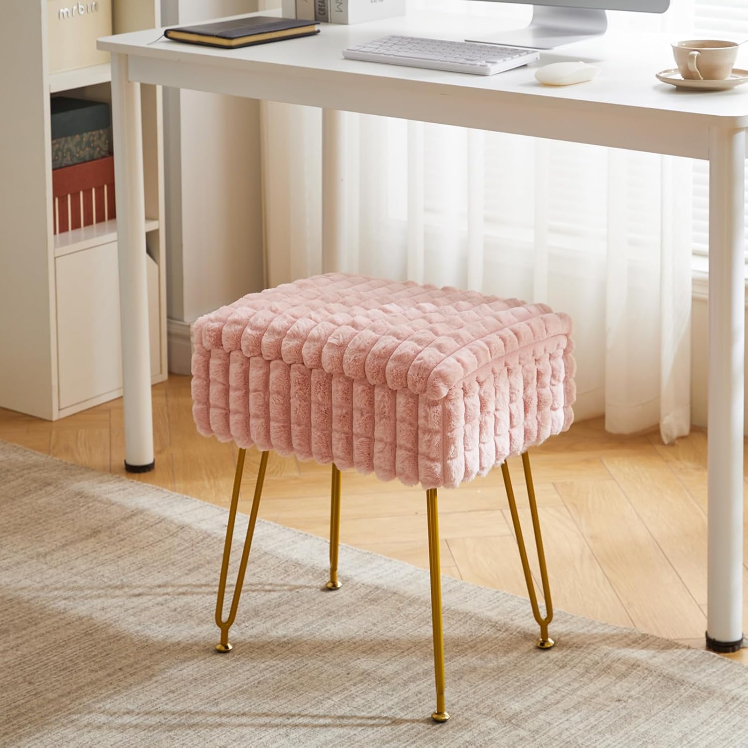 IBUYKE Rectangle Vanity Chair with Storage Space, Footrest Footstool Ottoman, Vanity Stool, Dressing Table Chair, with Anti-Slip Feet, for Makeup Room, Bedroom, Square Grid Pattern, Pink WBD004P - Image 8