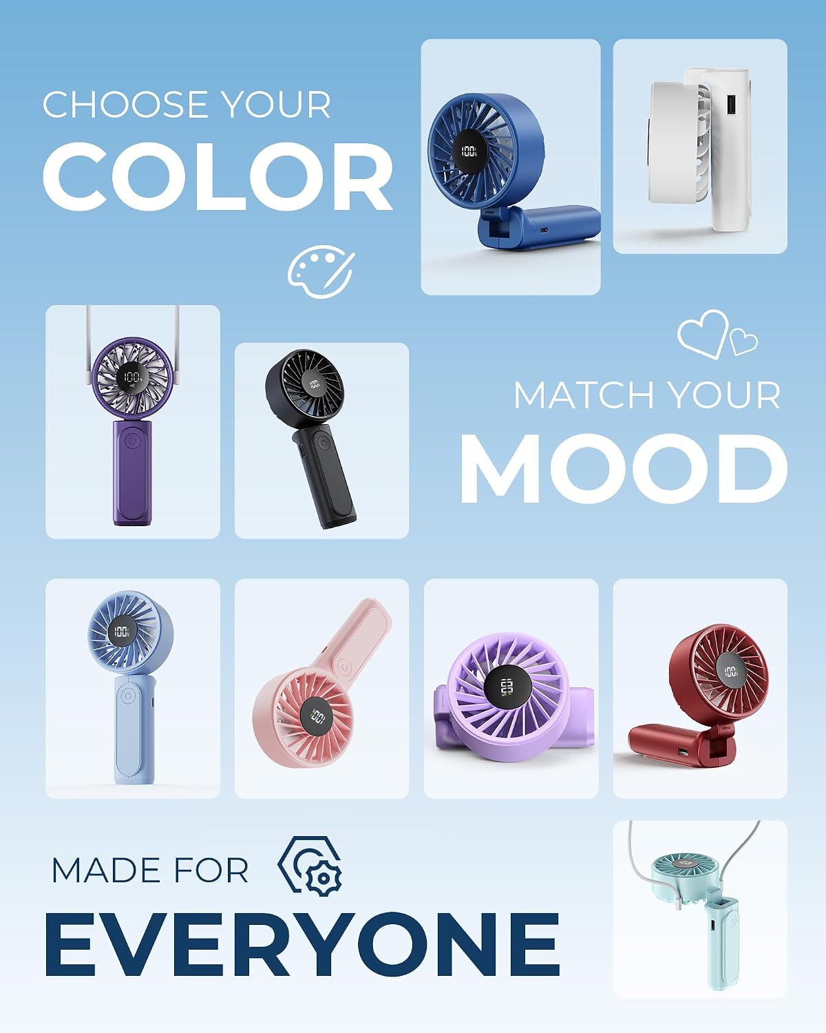Peiyuu Portable Handheld Fan, 4000mAh, USB Rechargeable 180° Foldable Mini Desk Fan, 6 Wind Speed, LCD Digital Display, Lanyard as Neck Fan, Ultra Quiet, Pocket Size for Indoor Outdoor