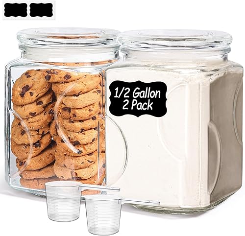 ComSaf Tarro de vidrio de 64 onzas con tapa, recipientes de almacenamiento de despensa de 2 cuartos de galón con tapas de vidrio, contenedores de