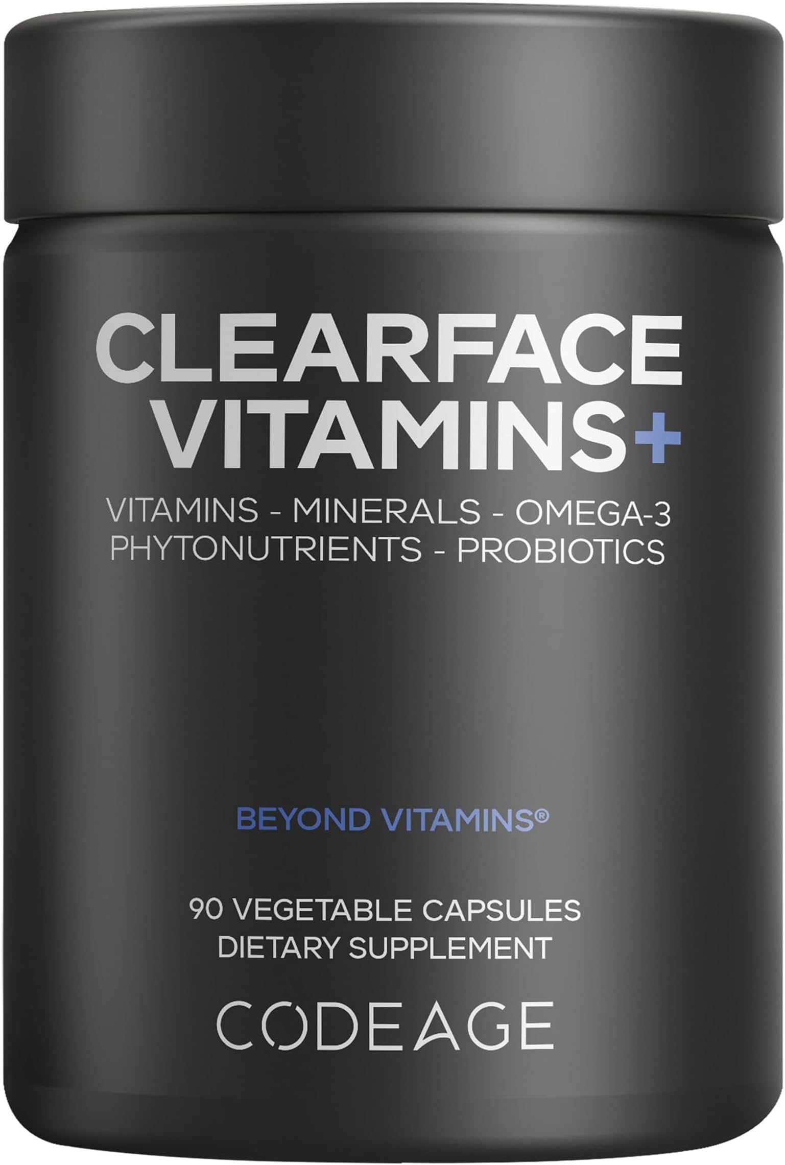 Codeage Clearface Pantothenic Acid, Niacin Supplement, Vitamins A, C, D3, E, Probiotics, Zinc, Riboflavin, Thiamin, L-Lysine HCL & Omega-3, Niacinamide, Skin Botanical Blend - Non-GMO - 90 Capsules
