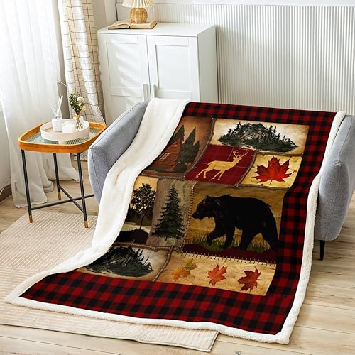 Miniatura 2 de Bear Cabin - Manta de vellón a cuadros tamaño Queen, manta de vellón rústica de granja, manta retro de ciervos de caza, manta mullida de pino y