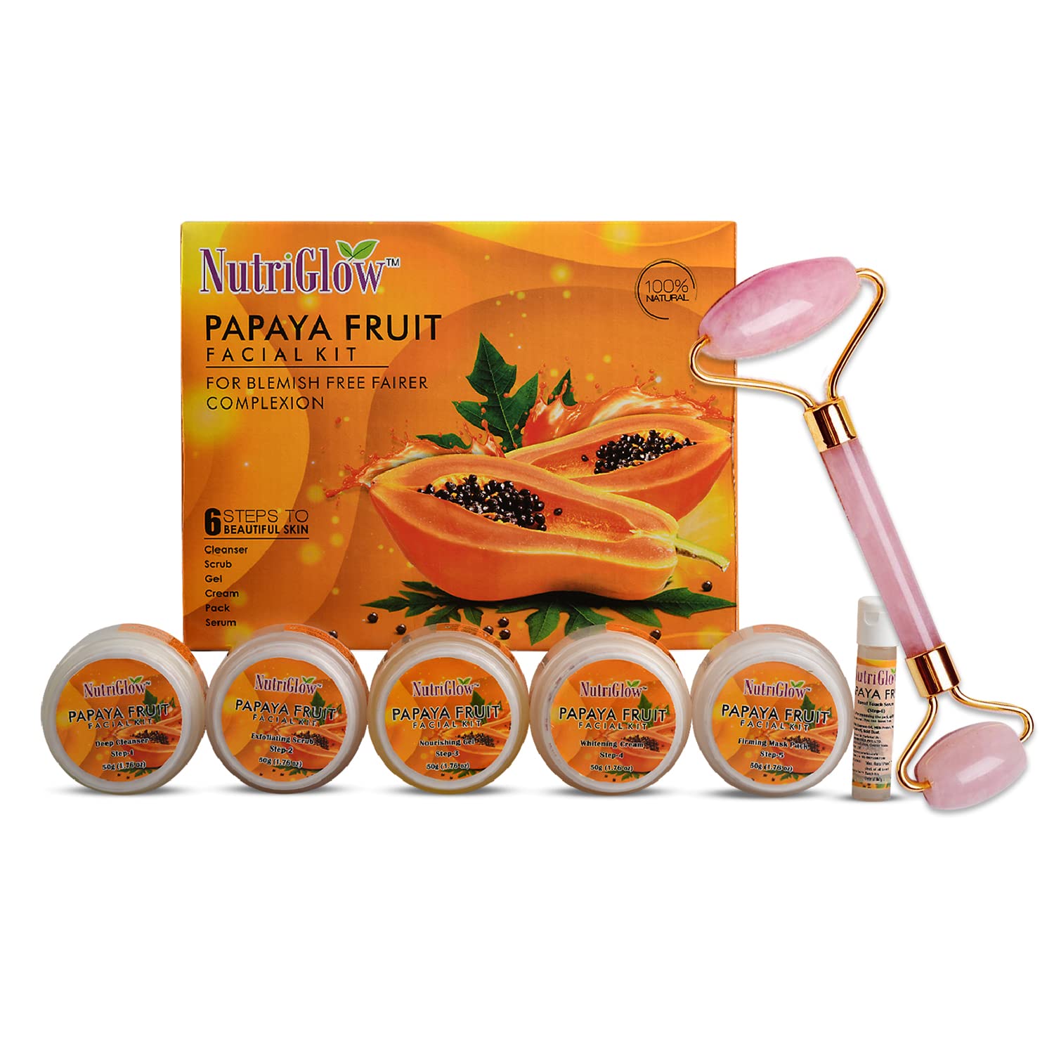 NutriGlow Papaya Facial Kit For Blemish Free and Fairer Skin Hydrated & Brightening Fresh Looking Skin, All Skin Types, No Parabens & Sulphates, 250gm+10ml With Jade Roller