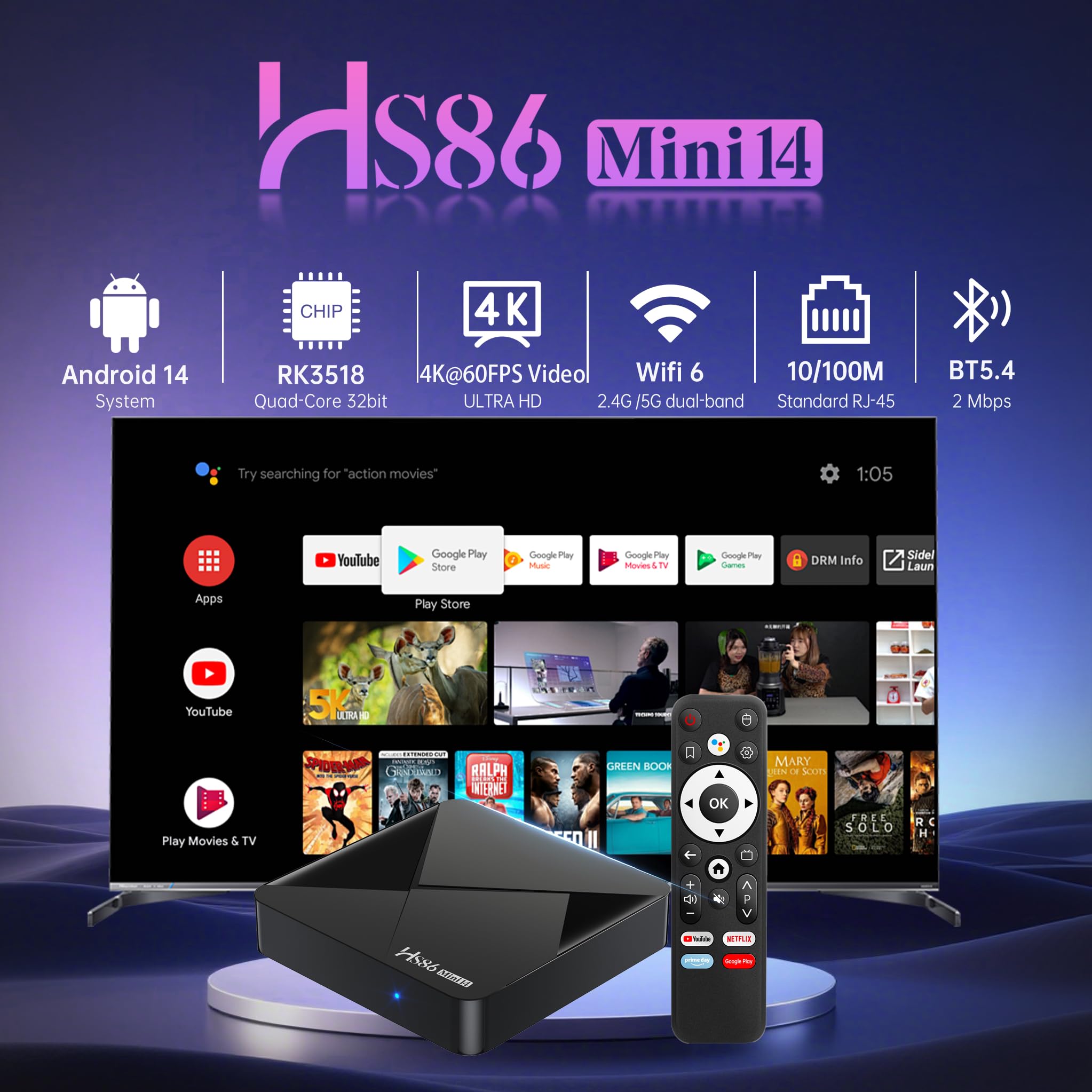 HS86 MINI14 Android 14.0 TV Box, Ultimo 2026 Box TV Android 8K con RAM 2G ROM 16G Rockchip RK3518 WiFi 6 BT5 3D HD 2K 4K @ 60FPS Smart TV Box Internet con Telecomando Bluetooth Streaming Media Player