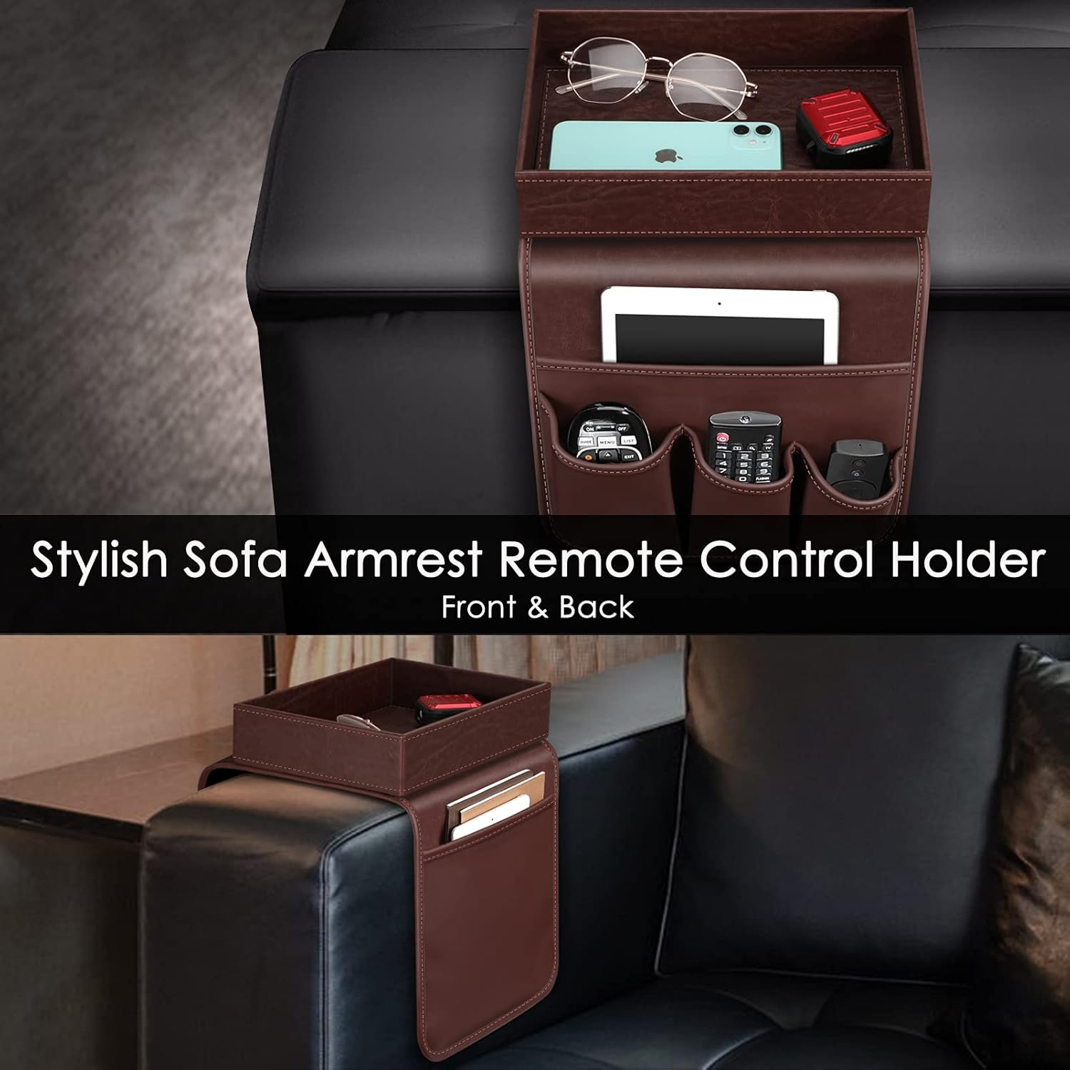 SITHON Sofa Remote Control Holder with Detachable Tray - [Non Slip] PU Leather Chair Couch Armrest Organizer Caddy with 5 Pockets for Magazines Phone iPad TV Remote Game Controller Eyeglasses (Brown)