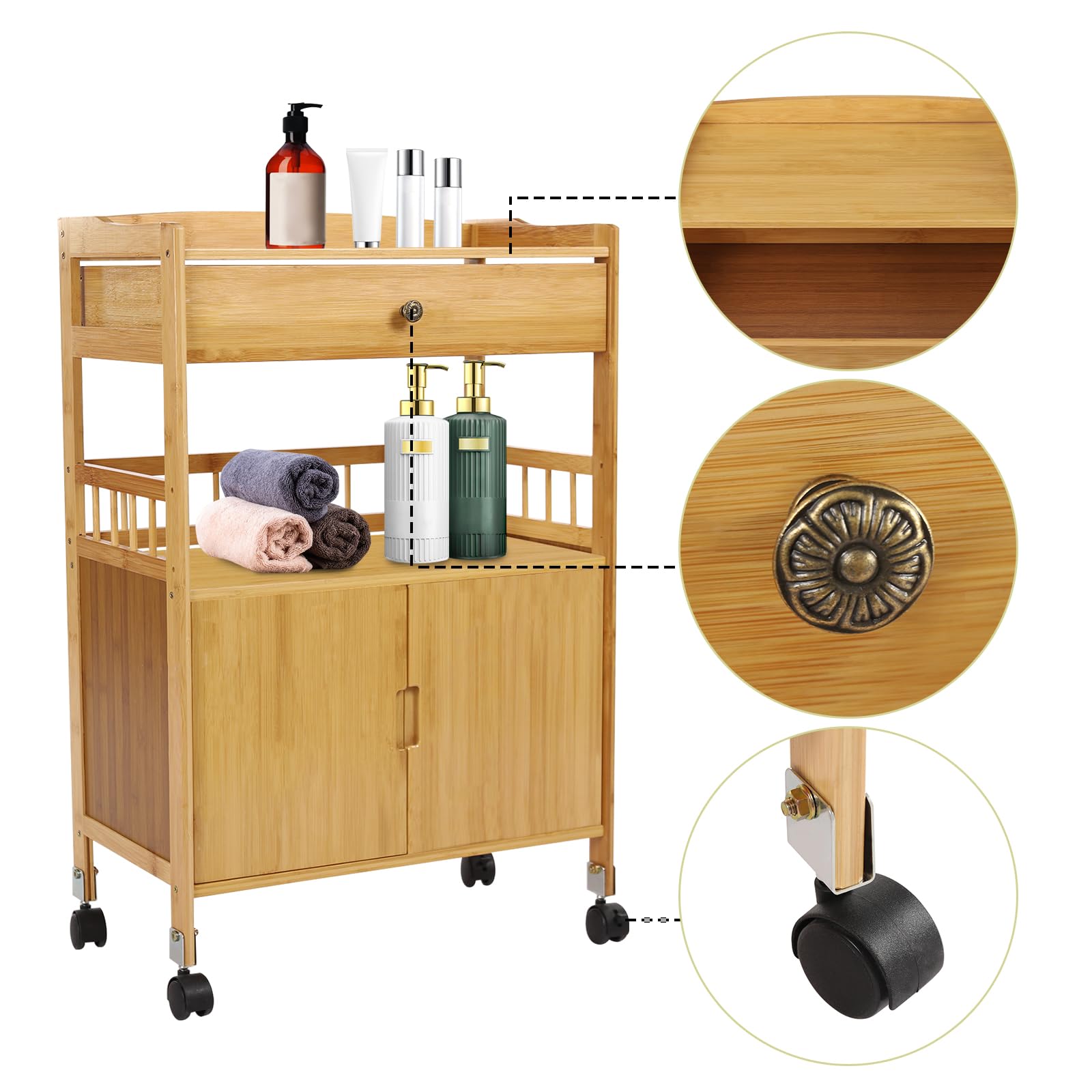 Carro de bambú con 4 ruedas, compartimento para armario, cesta, cajones, puerta de armario, carrito de cocina, carrito de servicio, carrito de baño, para almacenamiento, microondas, especias,