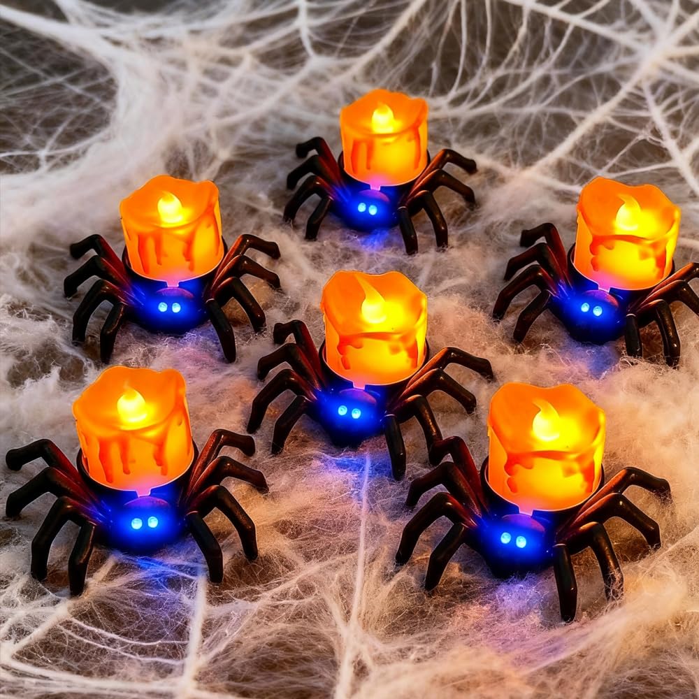 Confezione da 6 candele a LED senza fiamma, a forma di ragno, 3D, con luci gialle calde e viola, funzionamento a batteria, per casa, Halloween, decorazioni natalizie