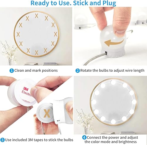 Miniatura 6 de Luces LED para espejo de tocador con 12 bombillas regulables, 3000 K, 4500 K, 6500 K y 10 niveles de brillo ajustables, cable USB enchufable, luces