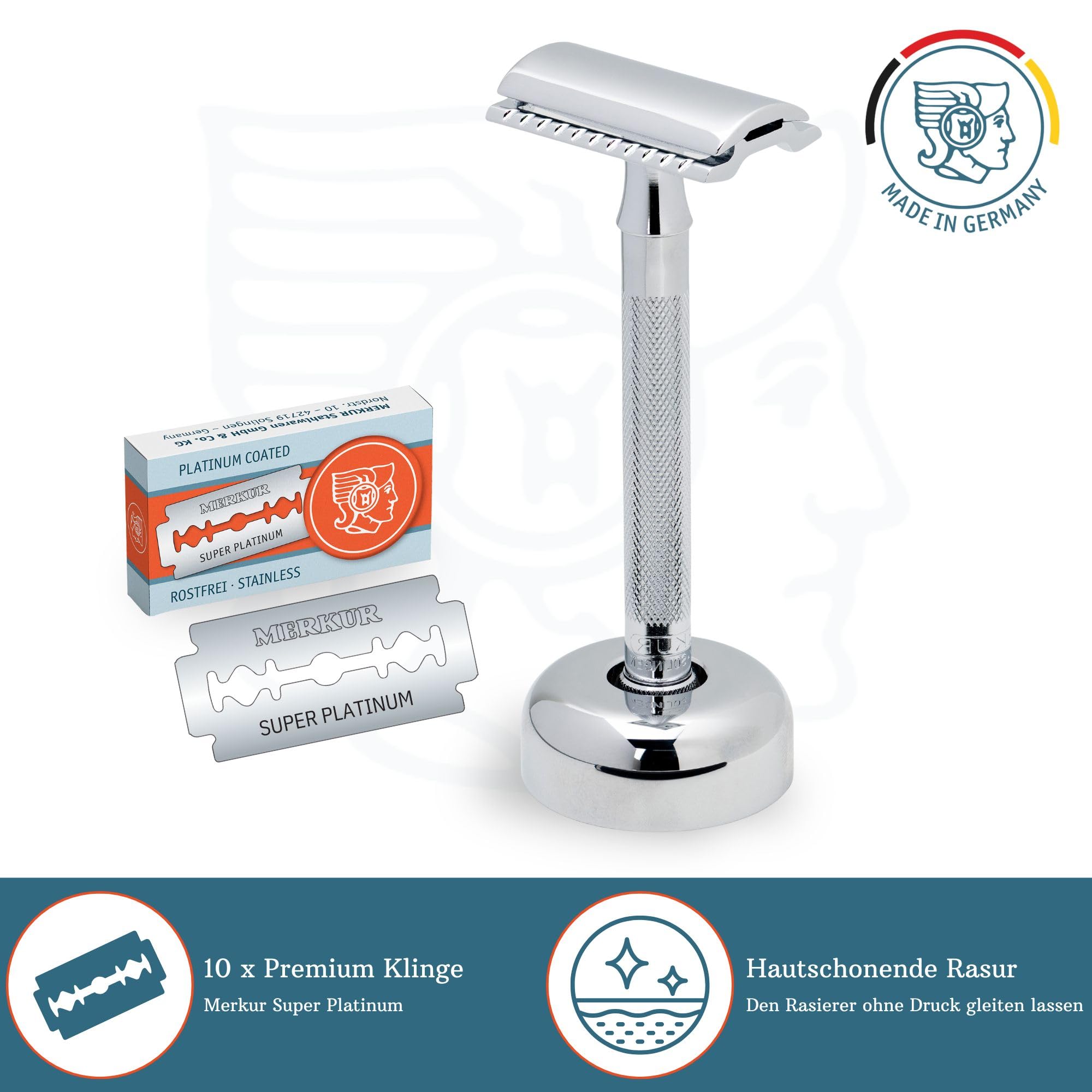MERKUR 2381 Shaving Set with Stand Glossy Chrome | Three-Piece Razor with Straight Cut | Ideal for Wet Shaving | Die-Cast Zinc | Brass Handle | Made in Germany