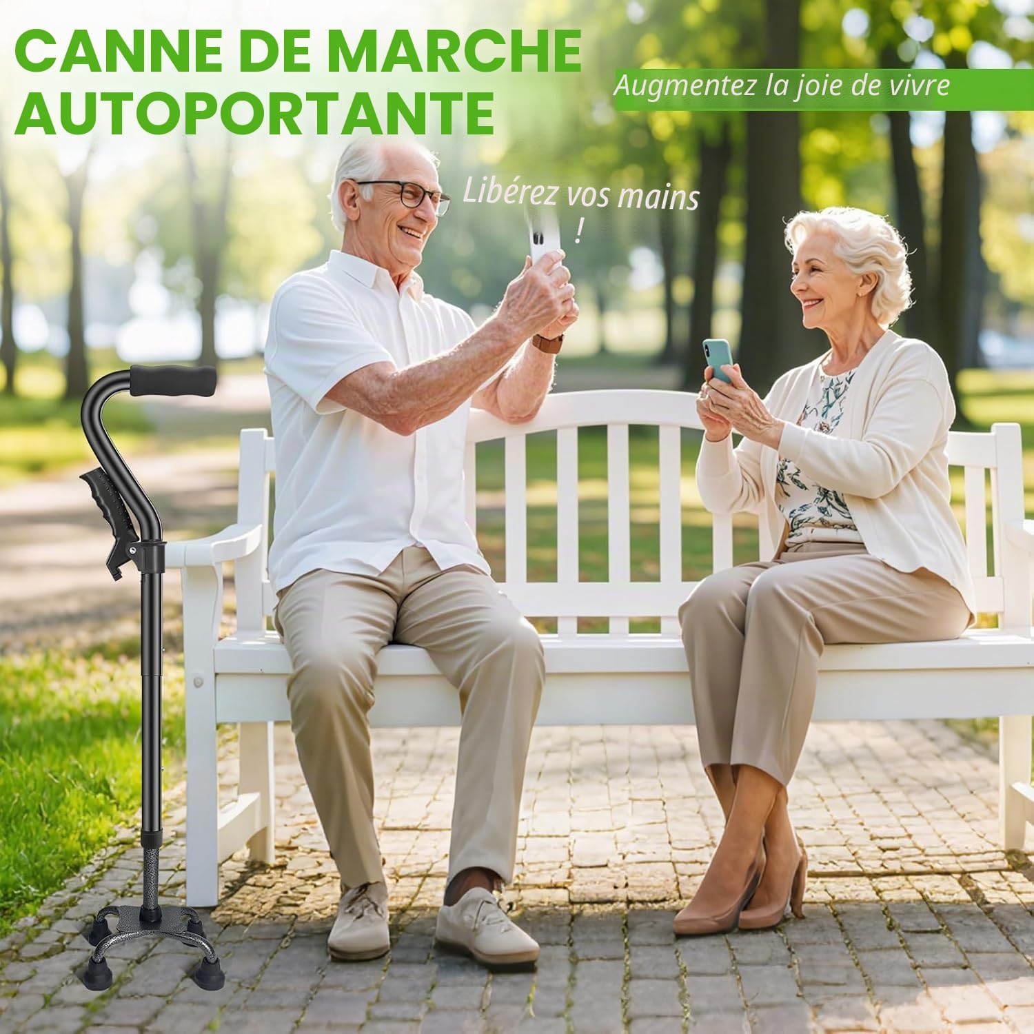 AearKing Canne de Marche, Canne de Marche Pliante avec Base Quadruple, Cannes de Marche pour Homme et Femme avec Double Poignée pour Adultes, Bâton de Marche Réglable en Hauteur