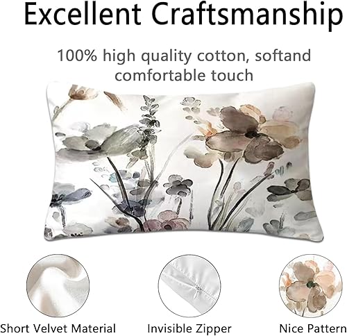 Miniatura 2 de Juego de 2 fundas de almohada florales de 12 x 20 pulgadas, fundas de cojín con diseño de flores de acuarela verde azulado, marrón, crema y gris,