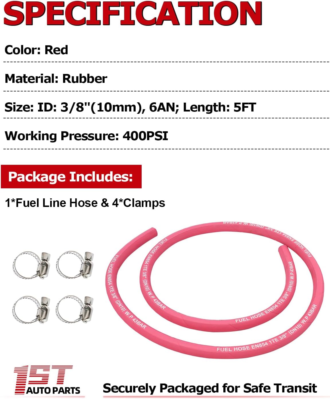 1ST 3/8 Inch Fuel Line Hose 5FT 6AN NBR Fuel Tube Hose ID 3/8" 2.8Mpa 400PSI 43BAR for Automotive Fuel Systems Engines with 4PCS Clamps, Red