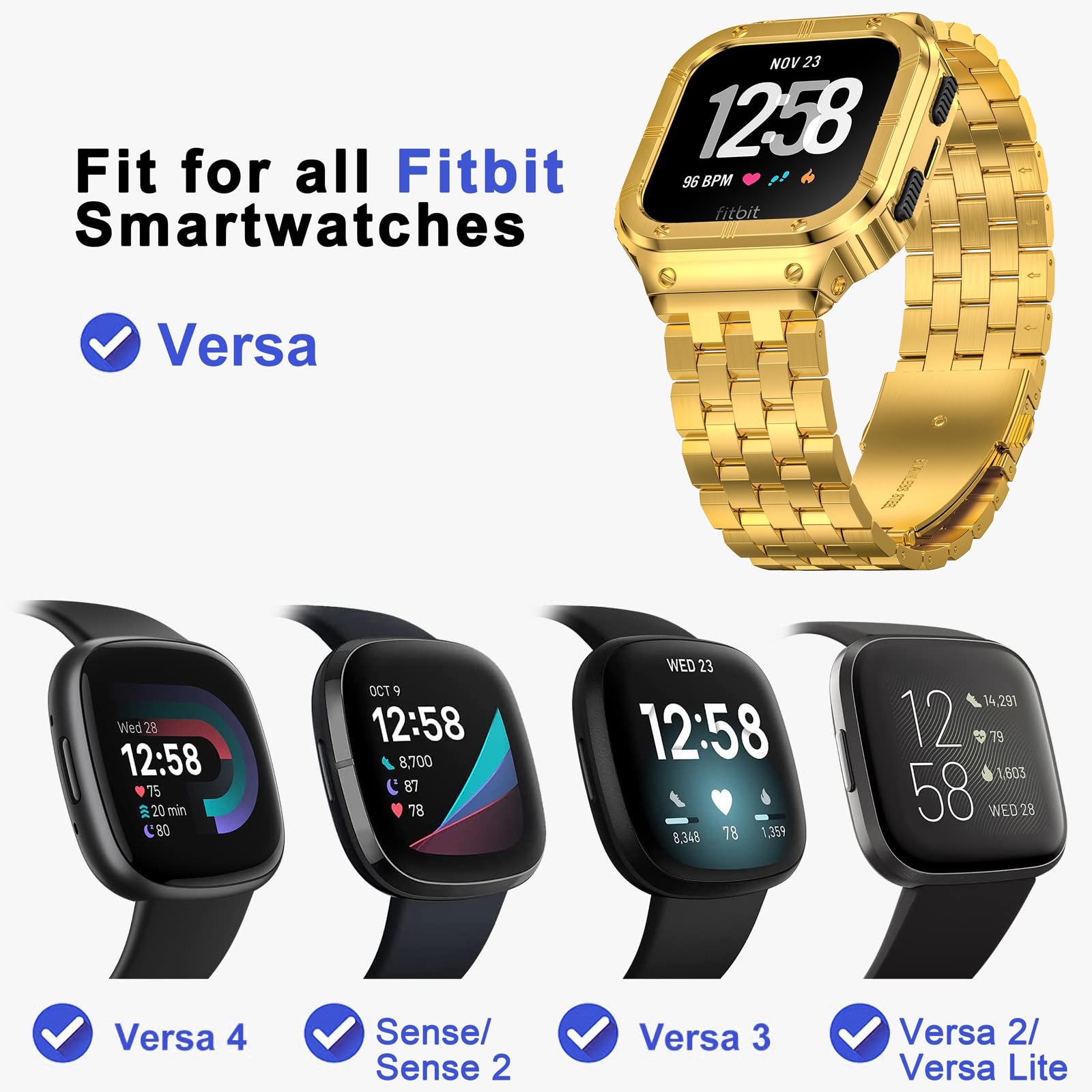 Edelstahl-Armband Mit Gehäuse Für Fitbit Versa 4/3/2 & Sense 2/1 – Goldfarben