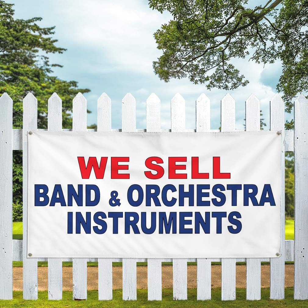 Vinyl Banner Multiple Sizes We Sell Band & Orchestra Instruments Red Blue Dance & Music Outdoor Weatherproof Industrial Yard Signs 4 Grommets 24x36Inches