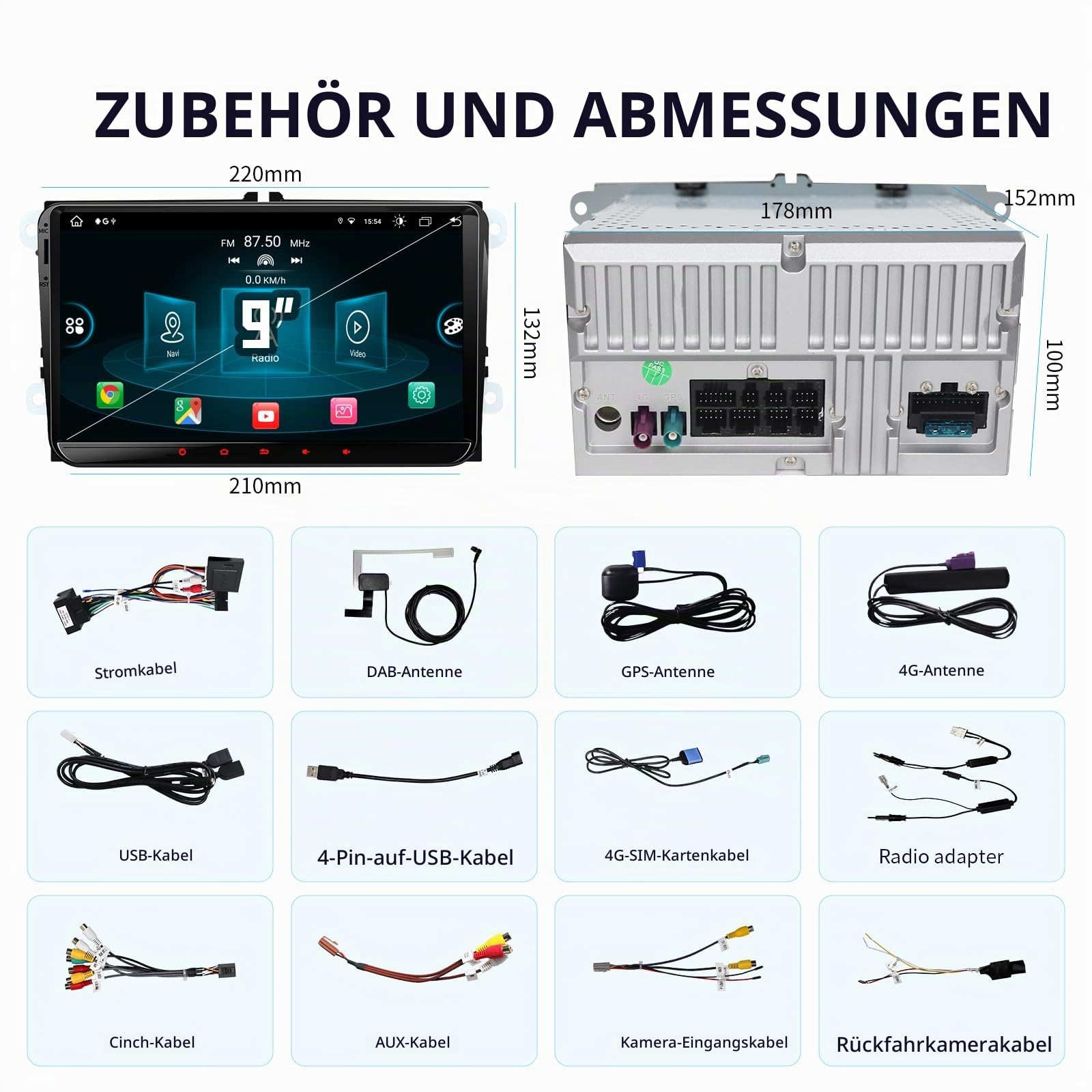 9’’ DAB Autoradio Android 14 für Golf 5/6, VW T5, Polo 6R, 4GB+64GB Wireless CarPlay, Android Auto, Built-in DAB, 2 Din, 8 Core, 4G, Navi, BT5.0, WiFi, USB, FM,TPMS,OBD2, Voice Control