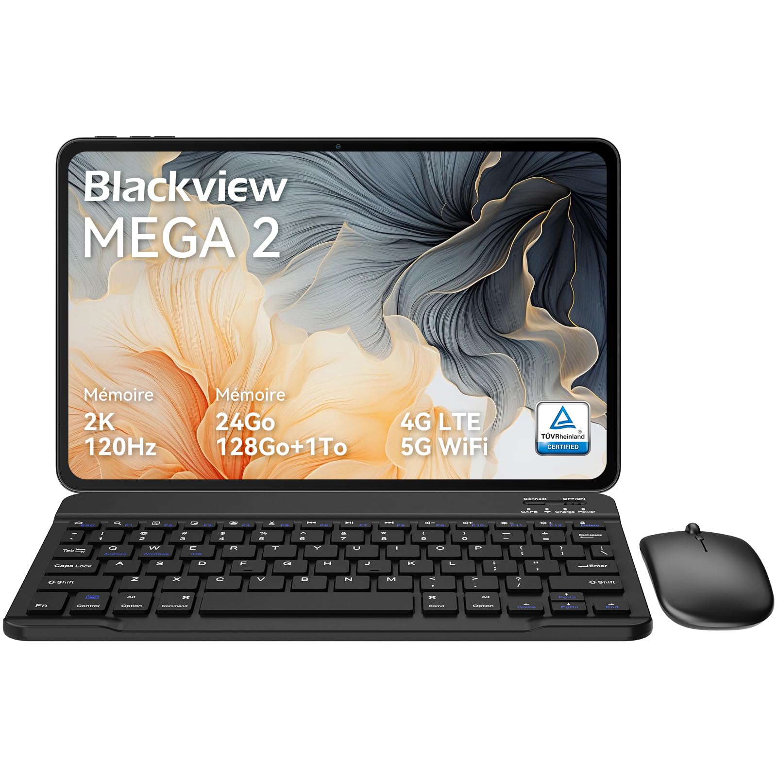 Blackview Mega2 Tablette 12 Pouces Android 15 Tablets, 24 Go de RAM + 128 Go de ROM, 120Hz 2K FHD Tablette de Jeu avec Clavier, Souris, Stylet, Casque, 4G LTE+5G, WiFi, 9000 mAh, WideVine L1, Gray