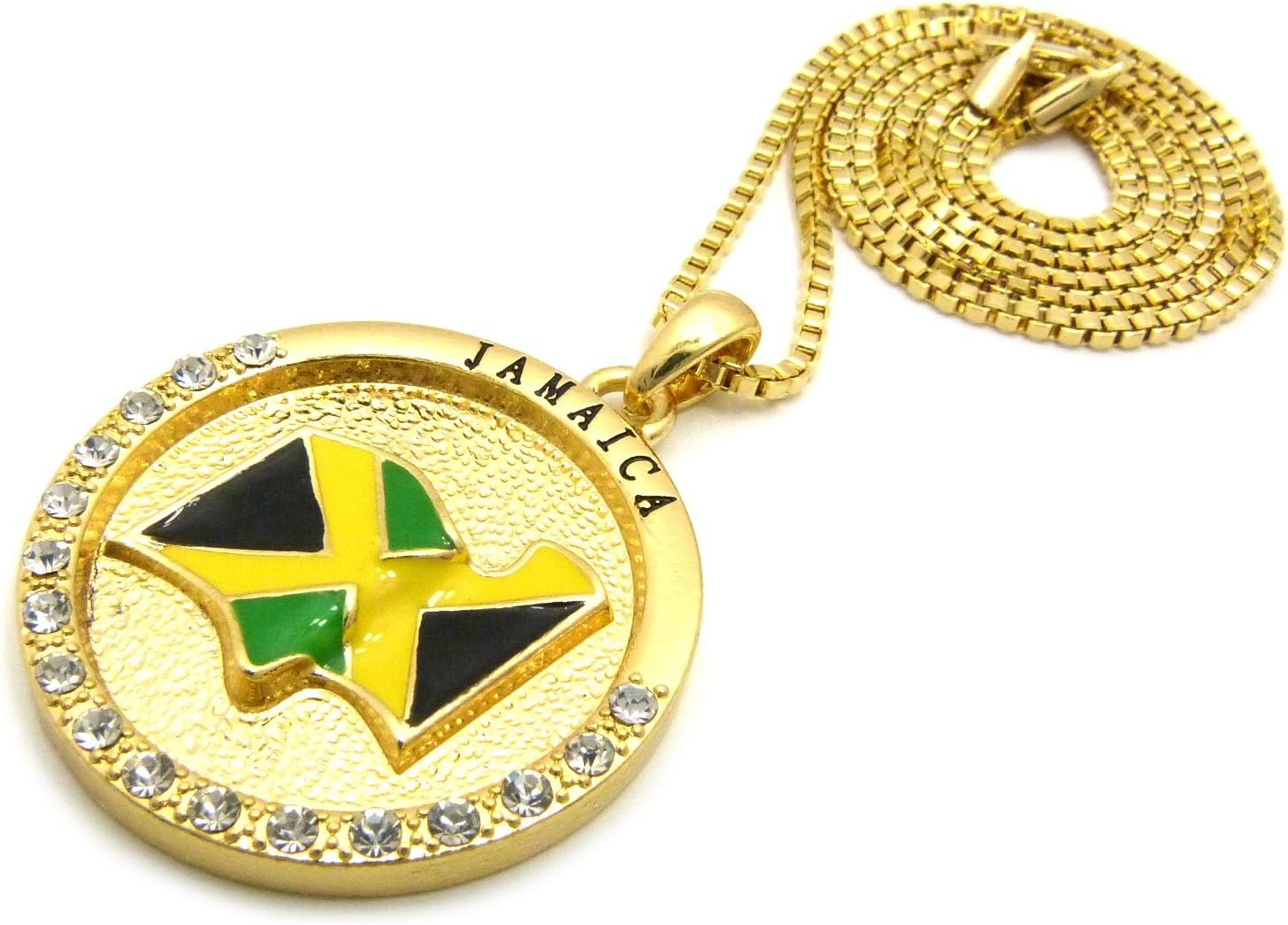 CBC Crown Jamaica, Cuba, Mexico Flag 24" Pendant Necklace in Box, Cuban or Rope Chain Gold Or Rhodium Tone