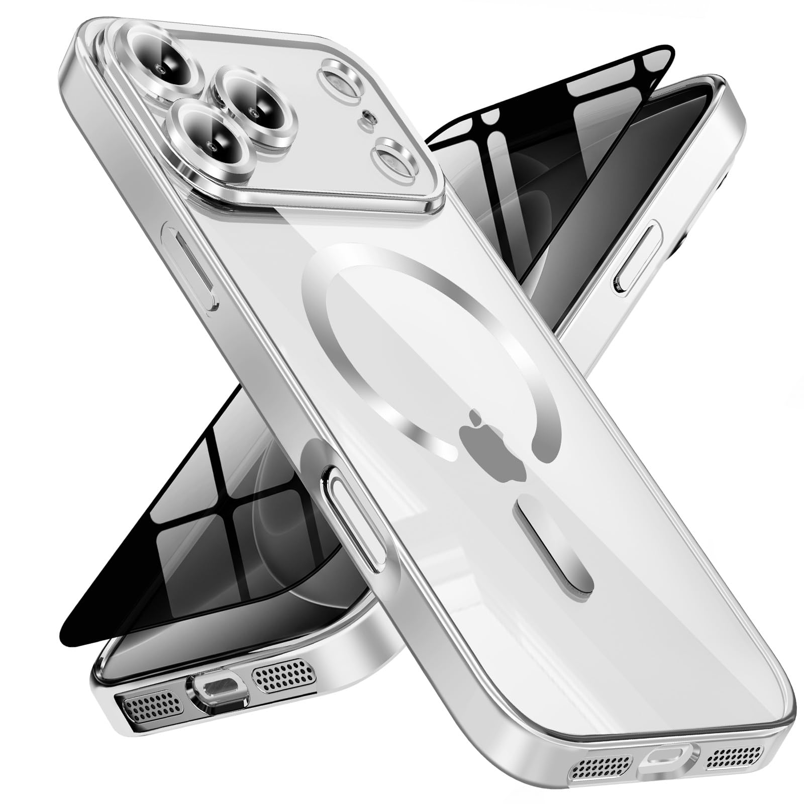 Magnetic for iPhone 18 Pro Max Case with Privacy Screen Protector &amp; Full Camera Cover,[Non-Yellowing] Shockproof Clear Phone Case Compatible with MagSafe Women Girls for iPhone 18 ProMax,Silver