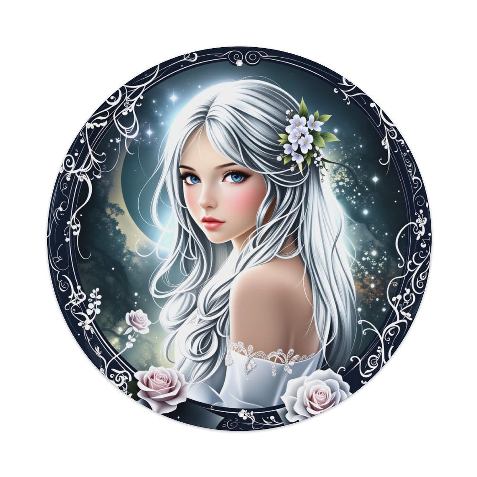 Fantasy Woman With Silver Hair And Flowers Round Tin Sign Vintage Style Metal Sign Home Bar Garden Wall Plaque Decor Metal Poster 8x8 Inch
