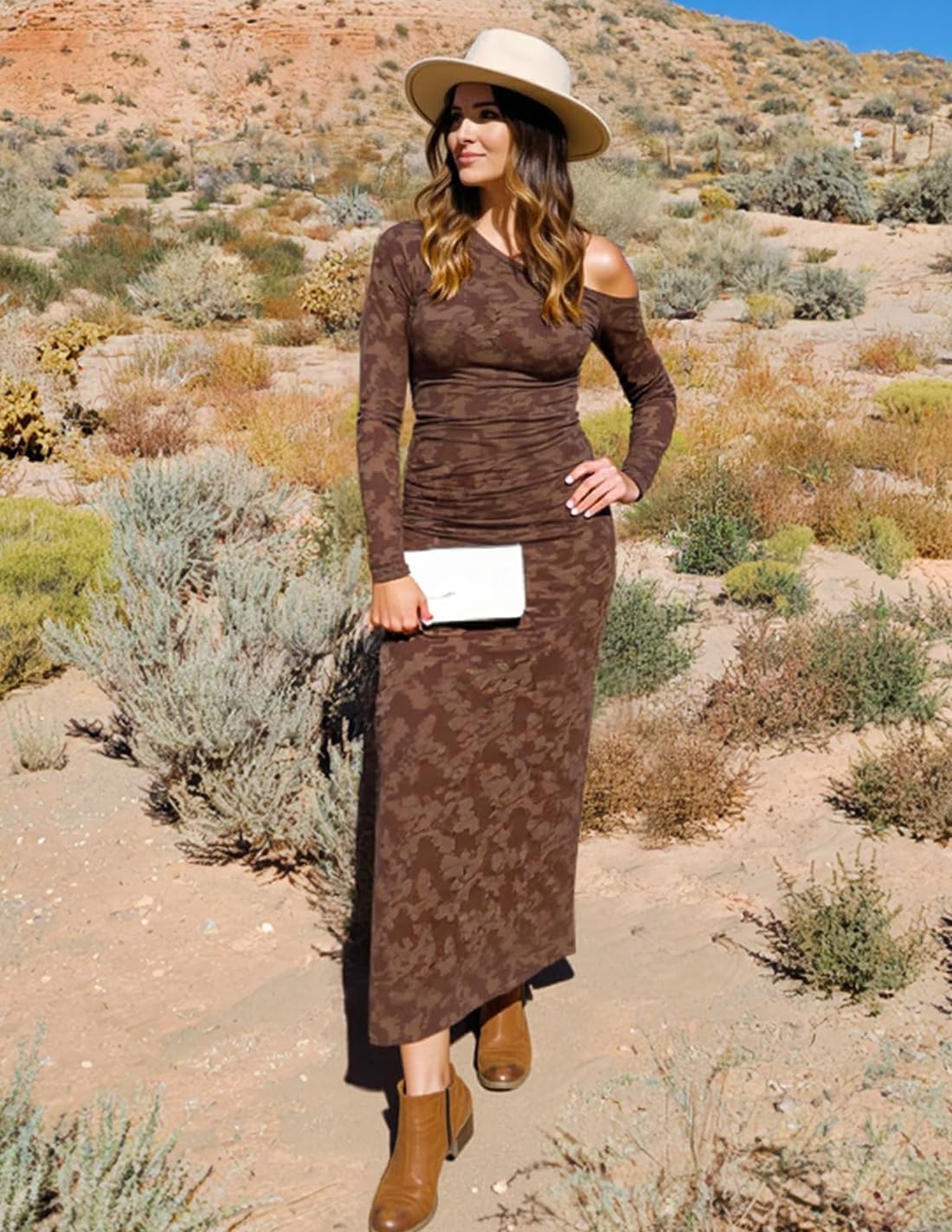 ZESICA Women's Spring Floral Off Shoulder Bodycon Maxi Dresses 2026 Long Sleeve Ruched Elegant Cocktail Party Dress - Image 6