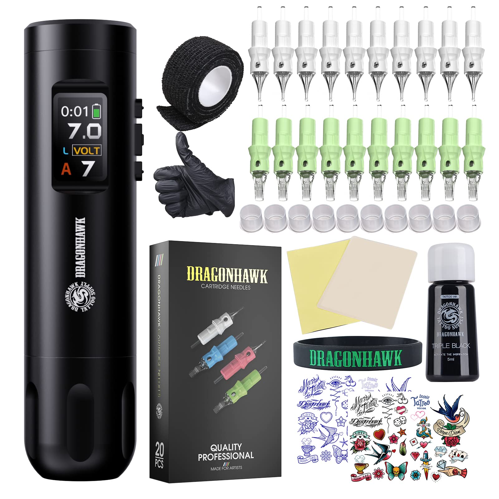 Dragonhawk X7 Wireless Tattoo Pen Kit, Rotary Tattoo Machine Gun Kit