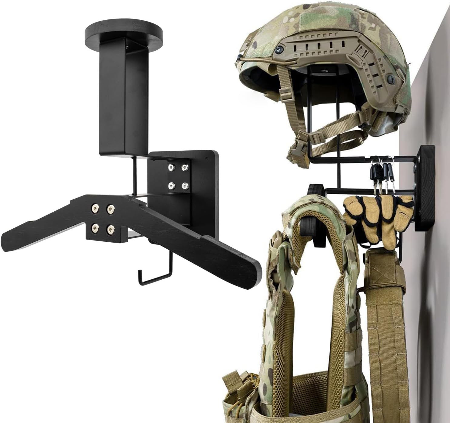 Tactical Gear Wall Mount Stand - Motorcycle Helmet Holder Display Stand with Hooks, Solid Wood Airsoft Plate Carrier Rack for Police, Football and Cycling Suit
