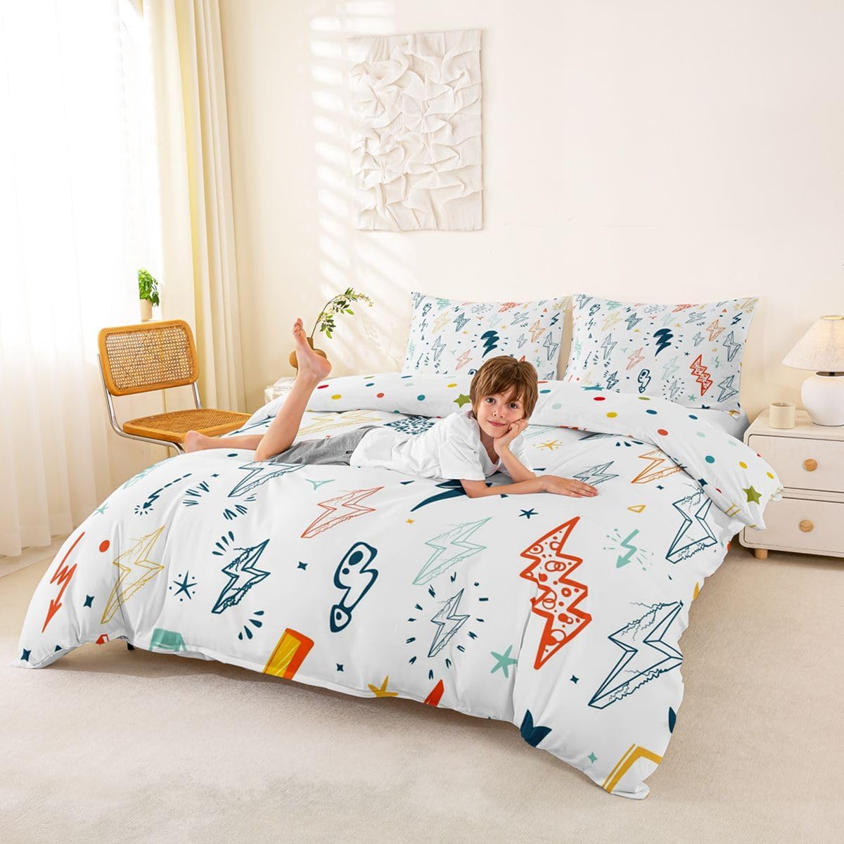 Homewish Cartoon Lightning Duvet Cover Set Twin Size Videos Games Bedding Set 2Pcs for Kids Boys Girls Teens Bedroom Decor Colorful Lightning Comforter Cover Modern Fashion Quilt Cover,1 Pillowcase