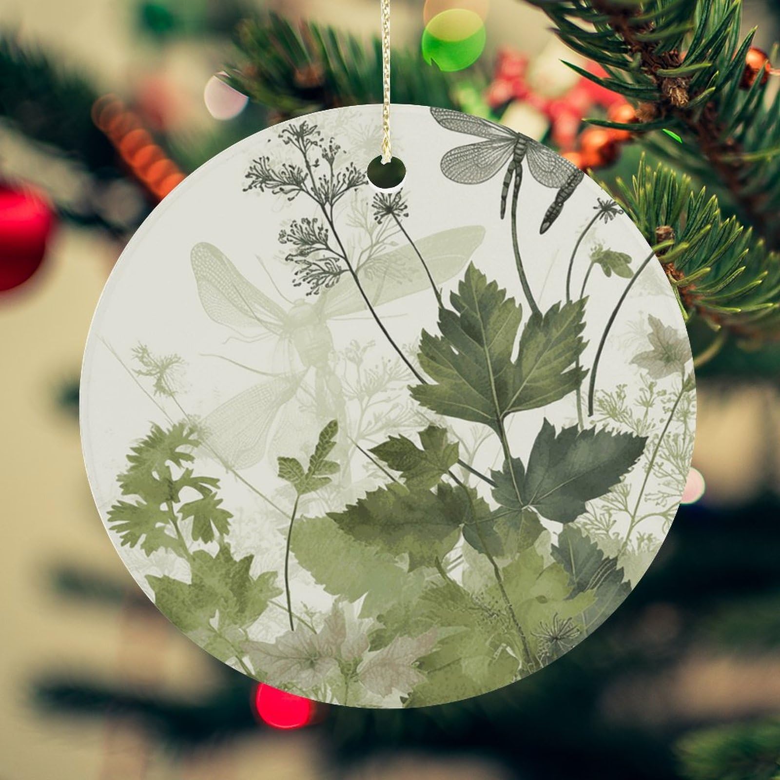 Foliage and Herbs with Dragonflies Winged Christmas Ornament for Christmas Tree Ceramic Round Ornament Winter Holiday Keepsake Gift 2.7" Christmas Tree Hanging Decorations Circle Ceramic Pendant Xmas