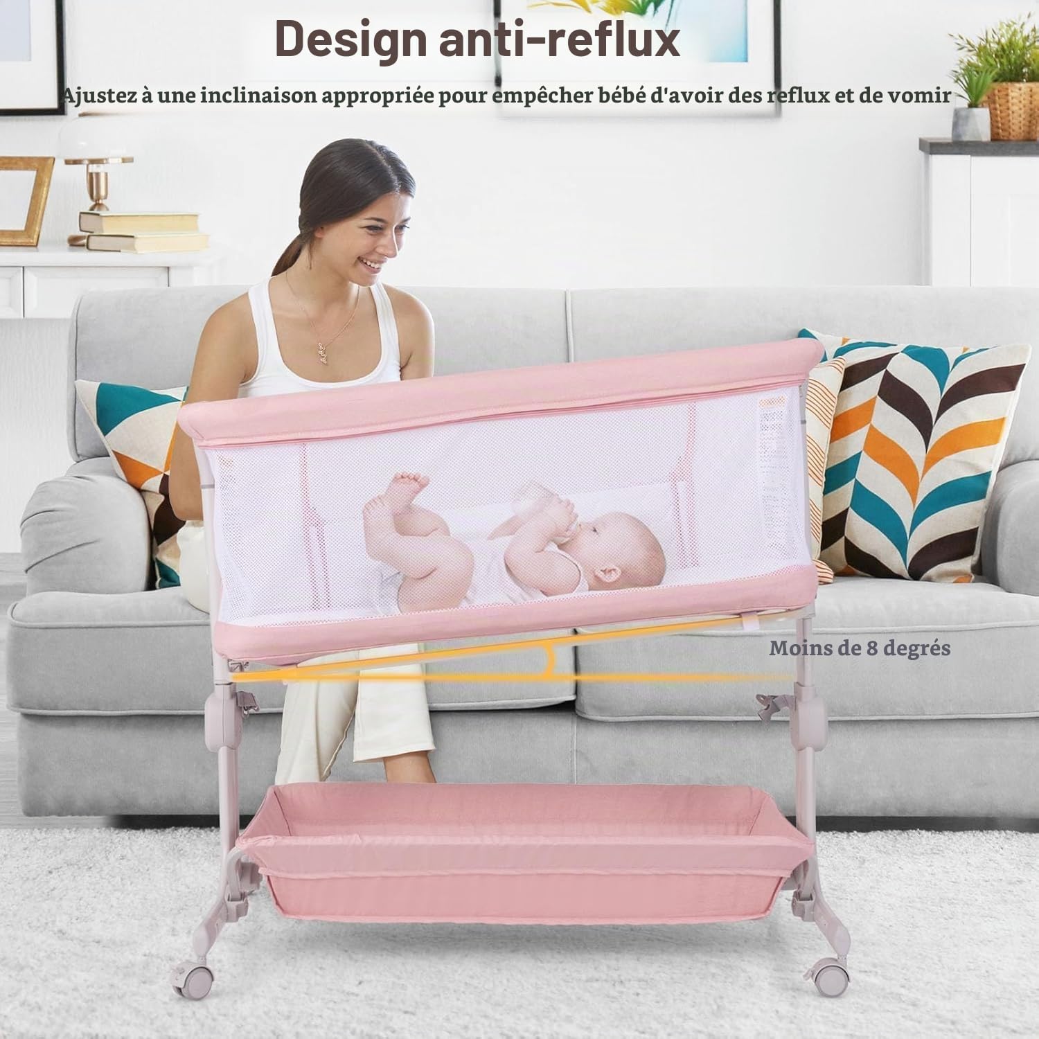LIFEZEAL Lit Cododo bébé avec Matelas, Hauteur Réglable à 6 Niveaux, Lit d’Appoint Bebe Evolutif à roulettes, Lit de Voyage Pliable avec Sac, Panier de Rangement, 0-6 Mois, Charge 9 kg (Rose)