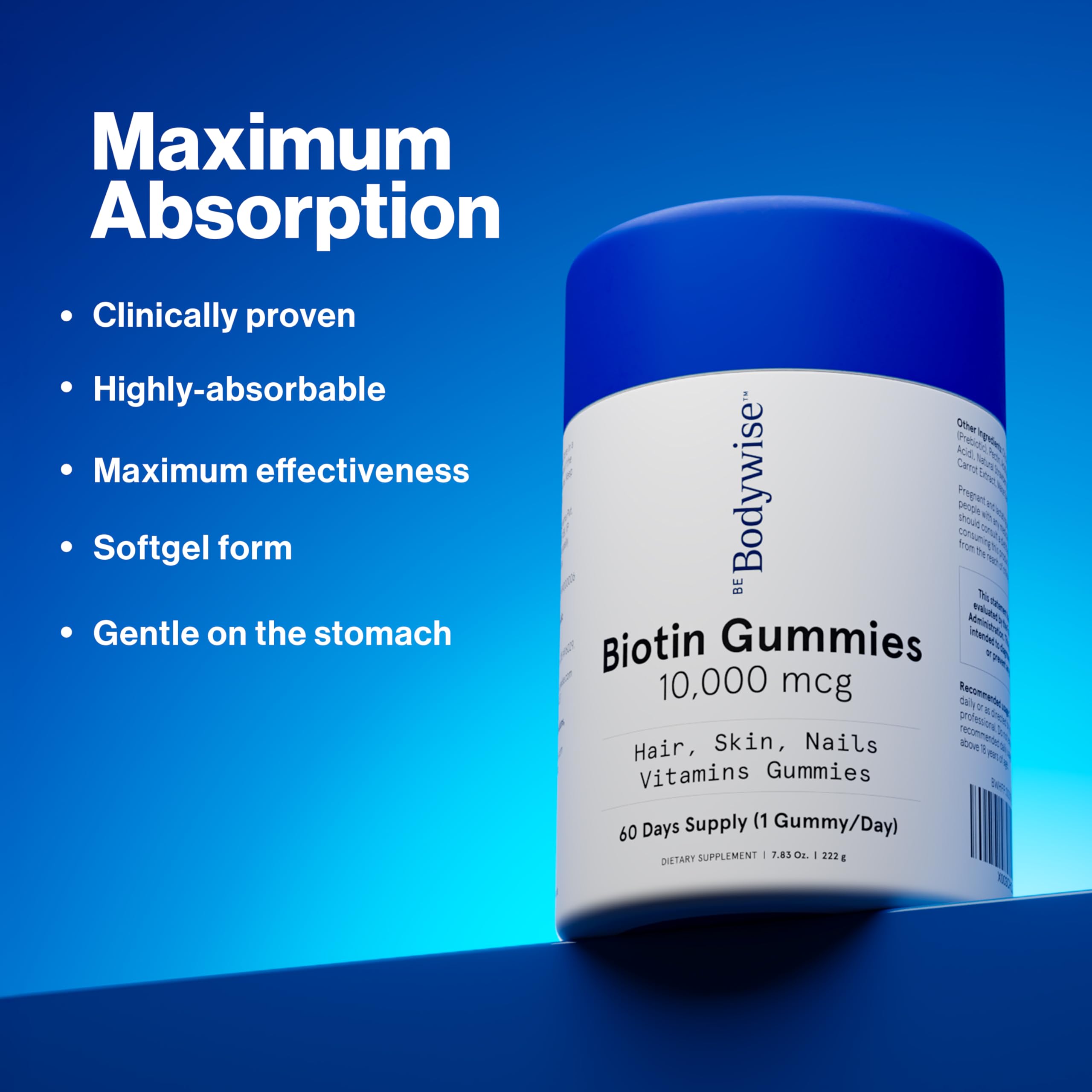 Be Bodywise Biotin 10000mcg Gummies | Hair Nail and Skin Vitamins | Biotin for Hair Growth for Women | Refined Sugar Free | 60 Day Pack (1 Gummy/Day) | Max Absorption — Amazon image 6