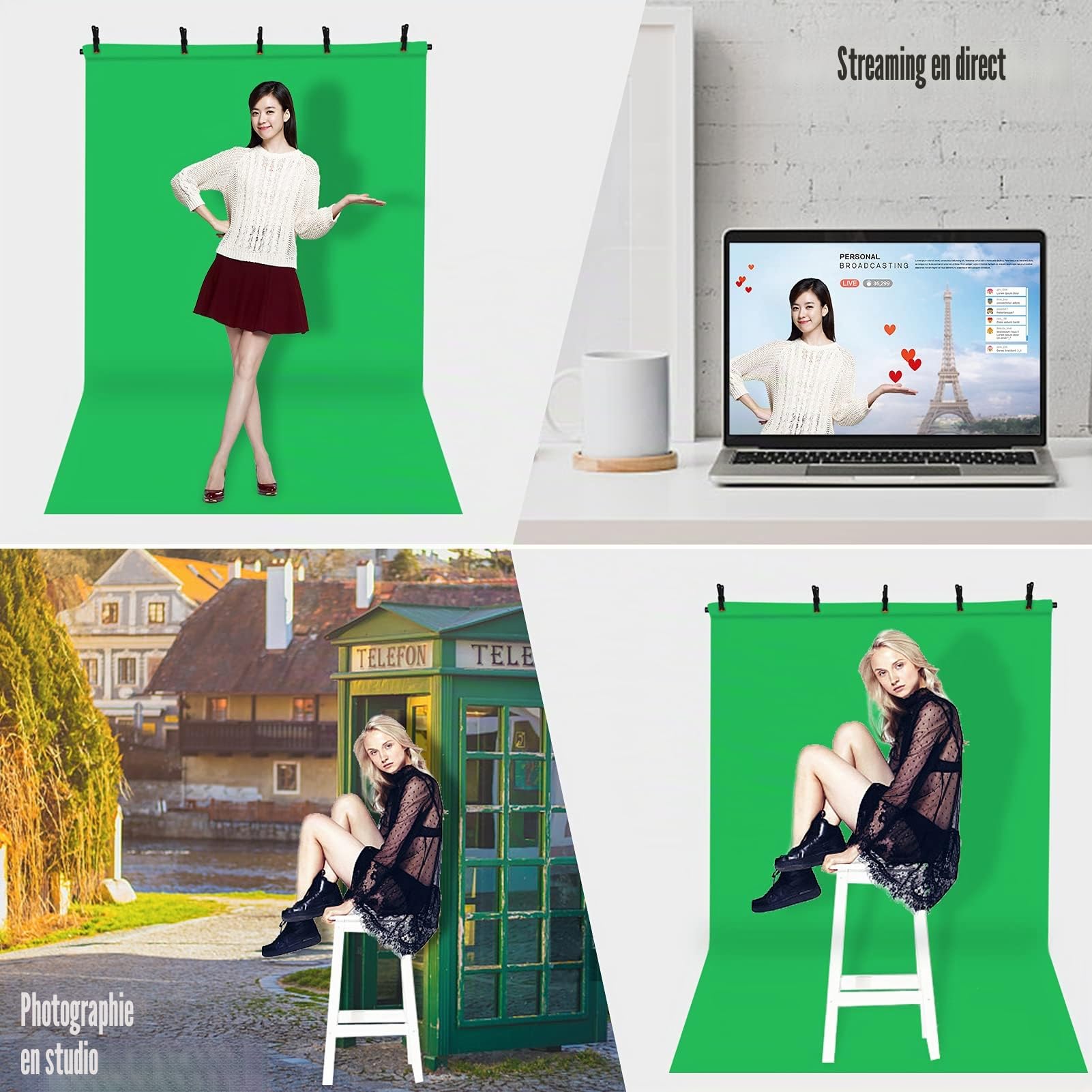 Andoer Toile de Fond Vert 1,8 x 1,8 m avec Support Kit de Photographie, 5 Clips Anti-Plis, Résistant aux Plis pour Télévision, Youtube, Vidéo
