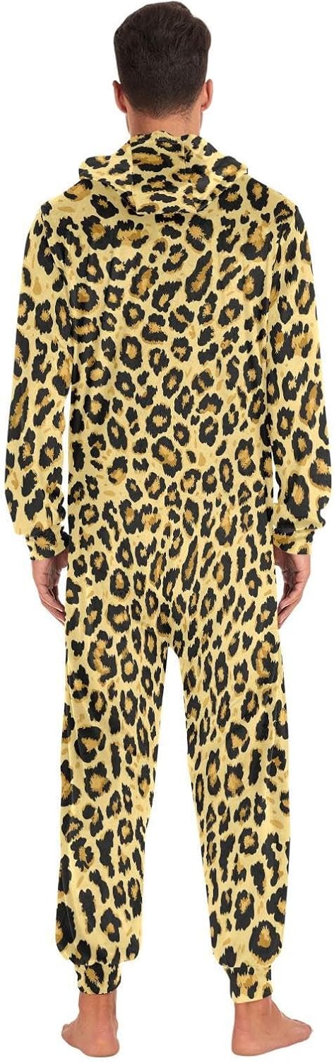 ZZKKO Vintage Leopard Pattern Adult Onesie Pajamas for Women Men Cozy One Piece Pajamas Costume Zip-Up Hooded S-XL