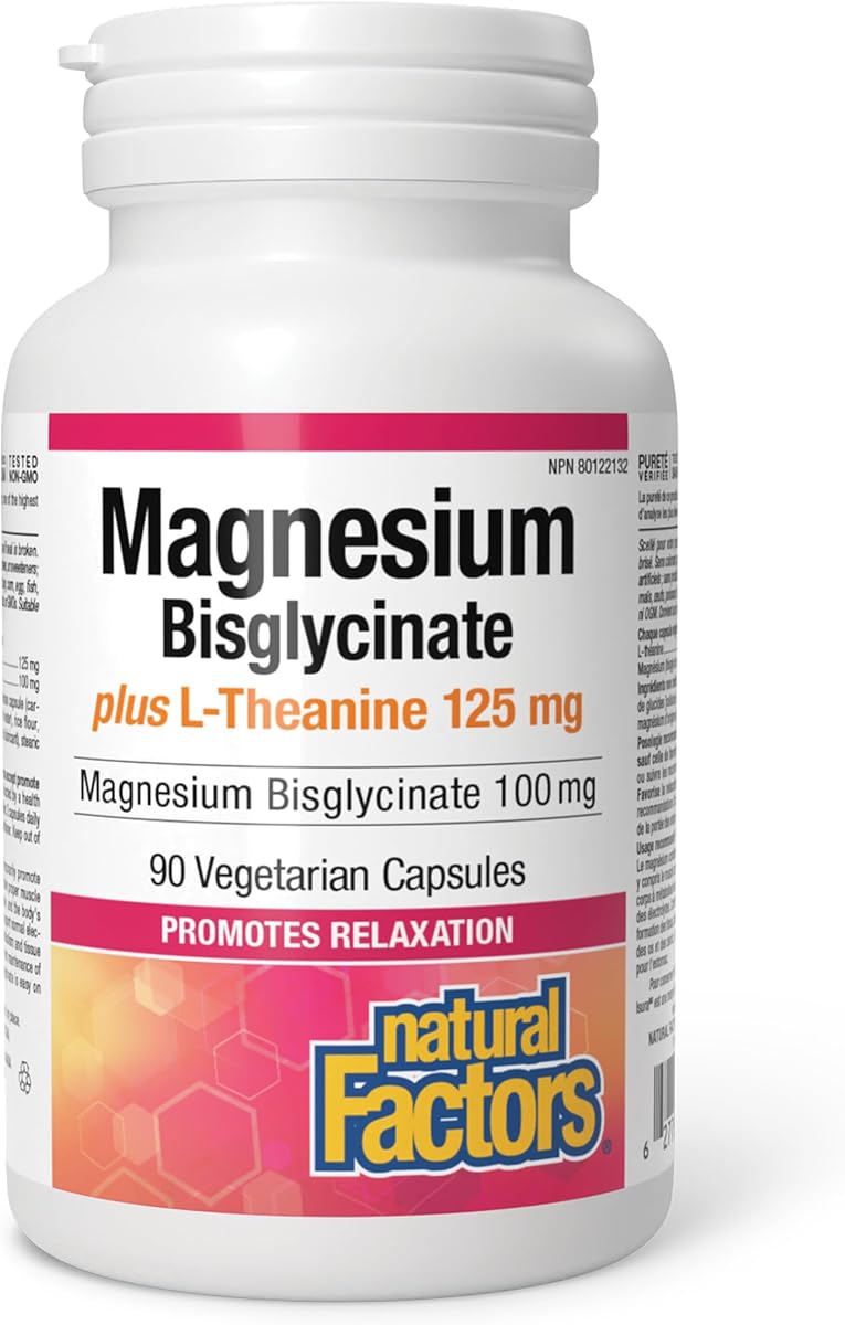 Natural Factors Magnesium Bisglycinate 100mg Plus L-Theanine 125mg, 90 Vegetarian Capsules, Promotes Relaxation & Supports Muscle Function, Magnesium Glycinate, Proudly Canadian