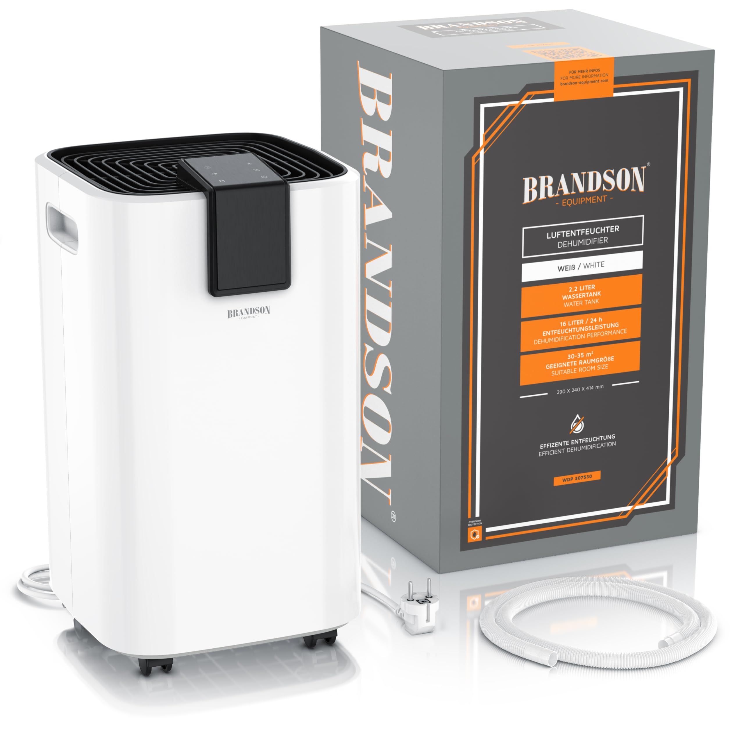 Brandson - Luftentfeuchter 16L mit Kompressor – Dehumidifier Raumentfeuchter elektrisch – 16 Liter / 24h – sehr leise - Display - Schlafzimmer Bad Keller